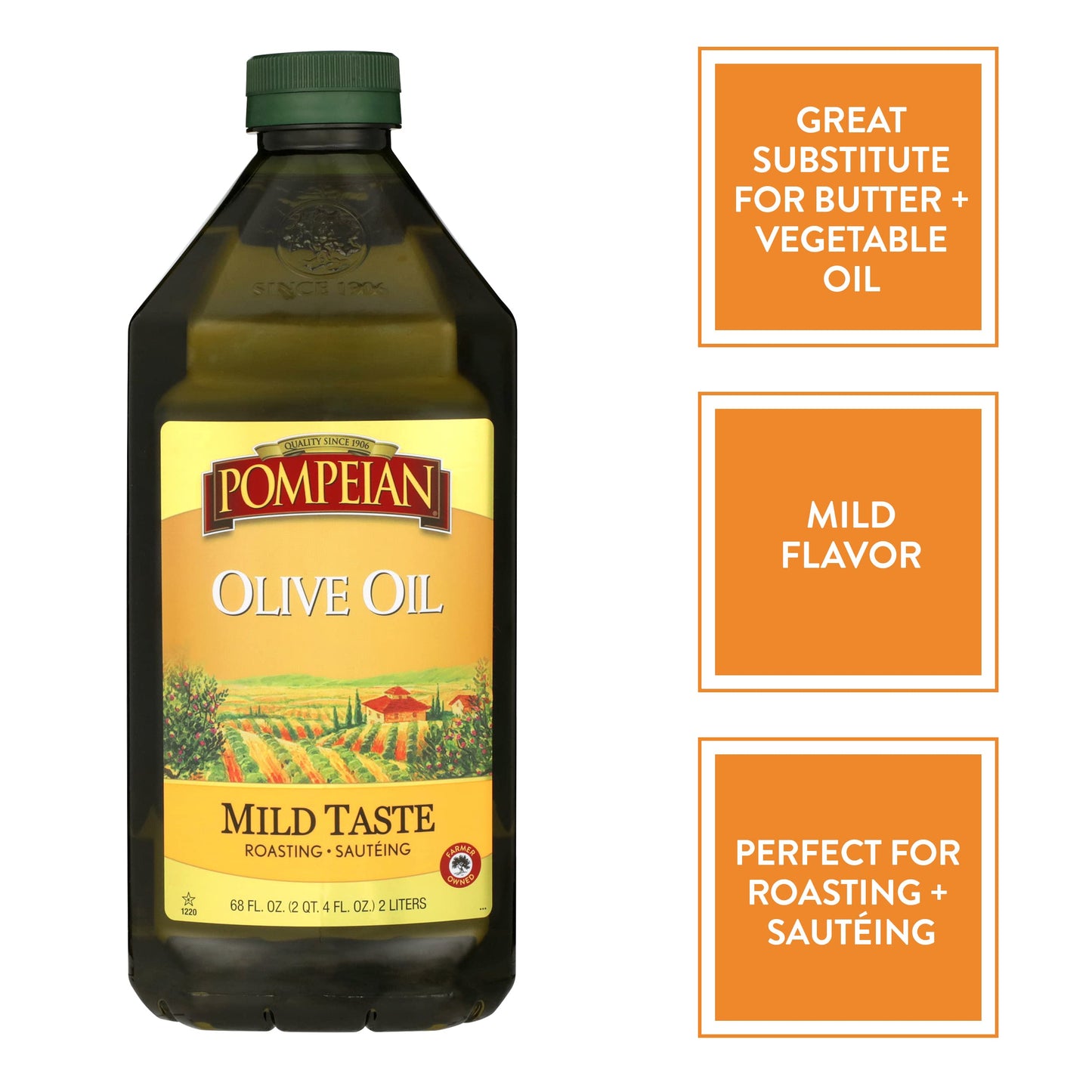Pompeian Mild Taste Olive Oil, Perfect For Roasting & Sauteing, Naturally Gluten-Free, Non-Allergenic, Non-Gmo, 68 Fl. Oz.