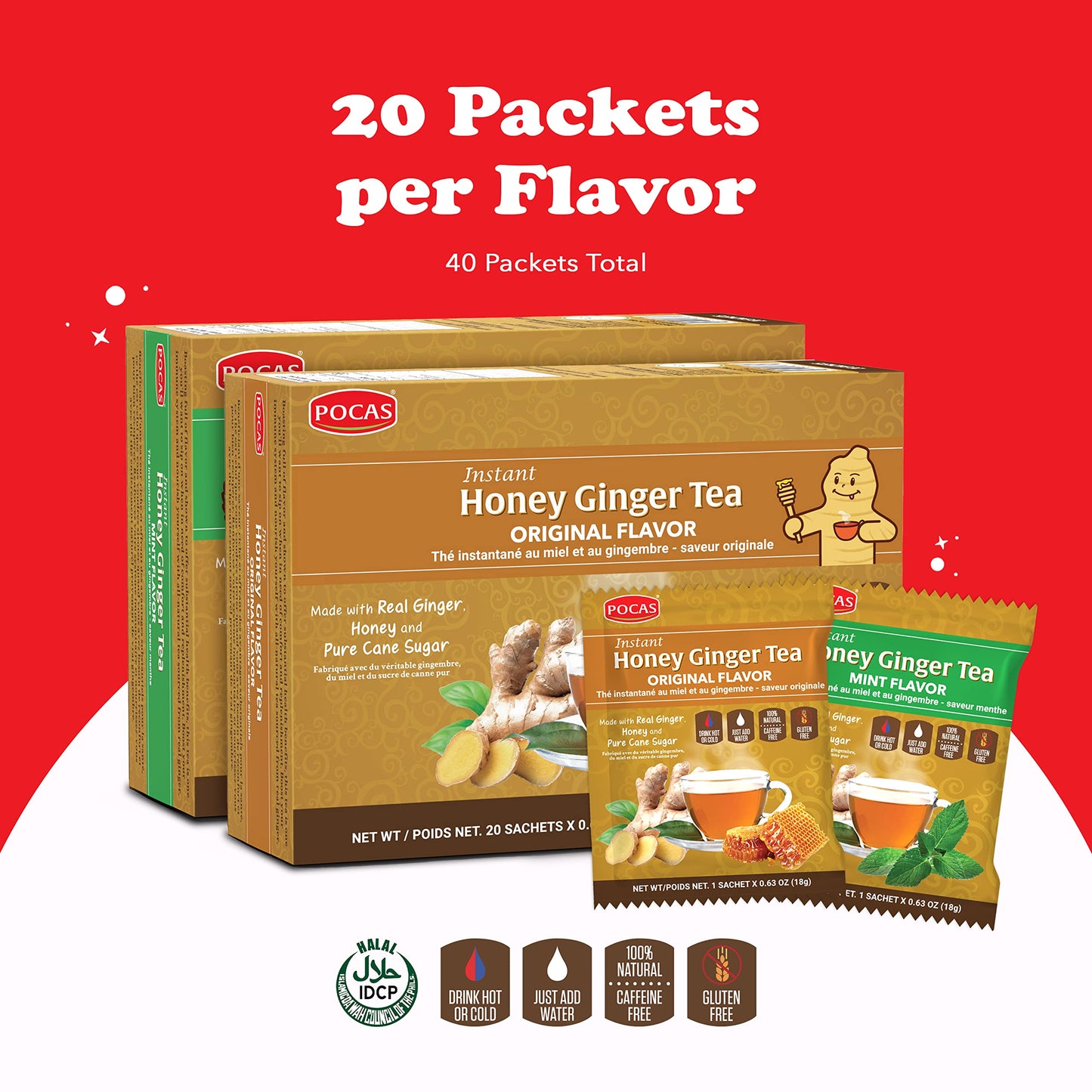 Pocas Honey Ginger Tea Variety Set - Instant Tea Powder & Honey Crystals, Non-GMO, Gluten Free, 40 Piece Assortment