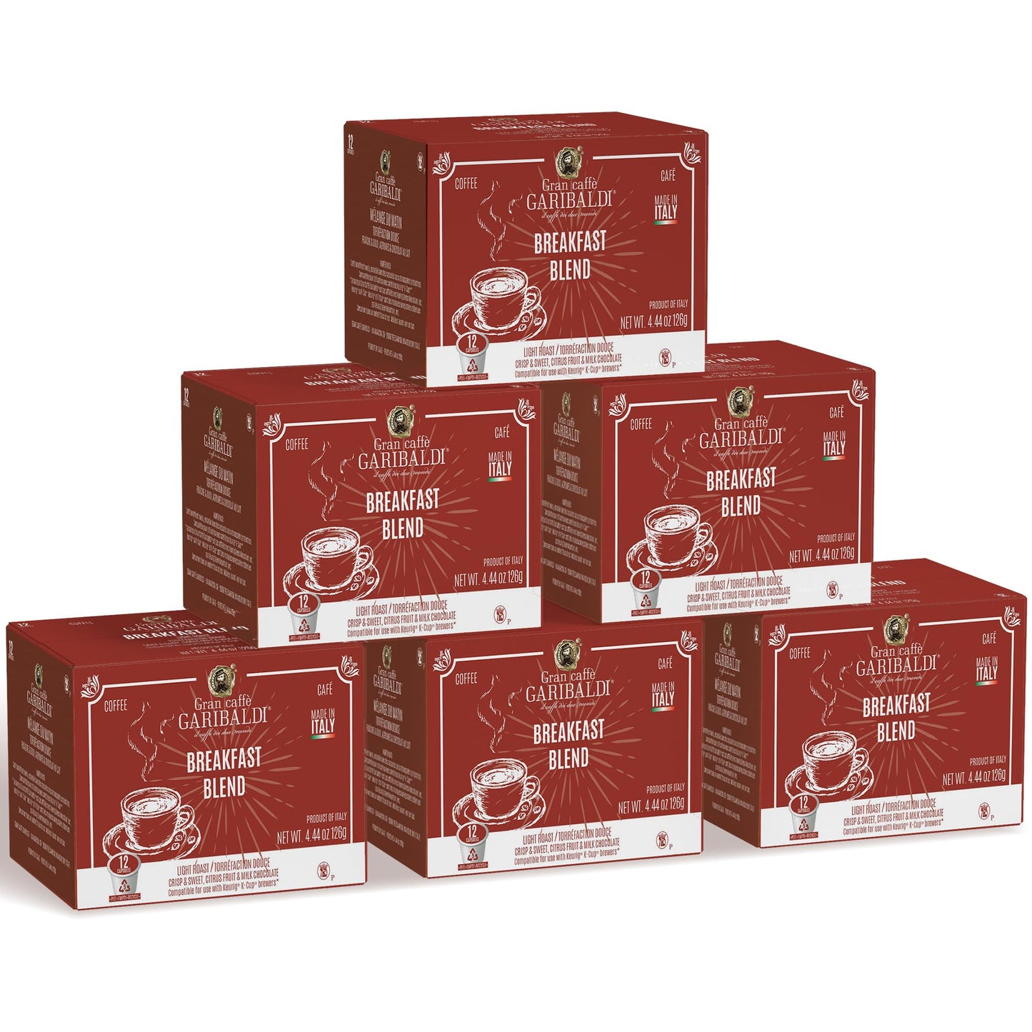 Caffè Garibaldi Breakfast Blend Coffee Pods, Single-Serve Capsules For Keurig K-Cup Malt-Inspired, Single Serve Cups With 100% Arabica Blend, 72 Count Recyclable Coffee Pods - Light Roast