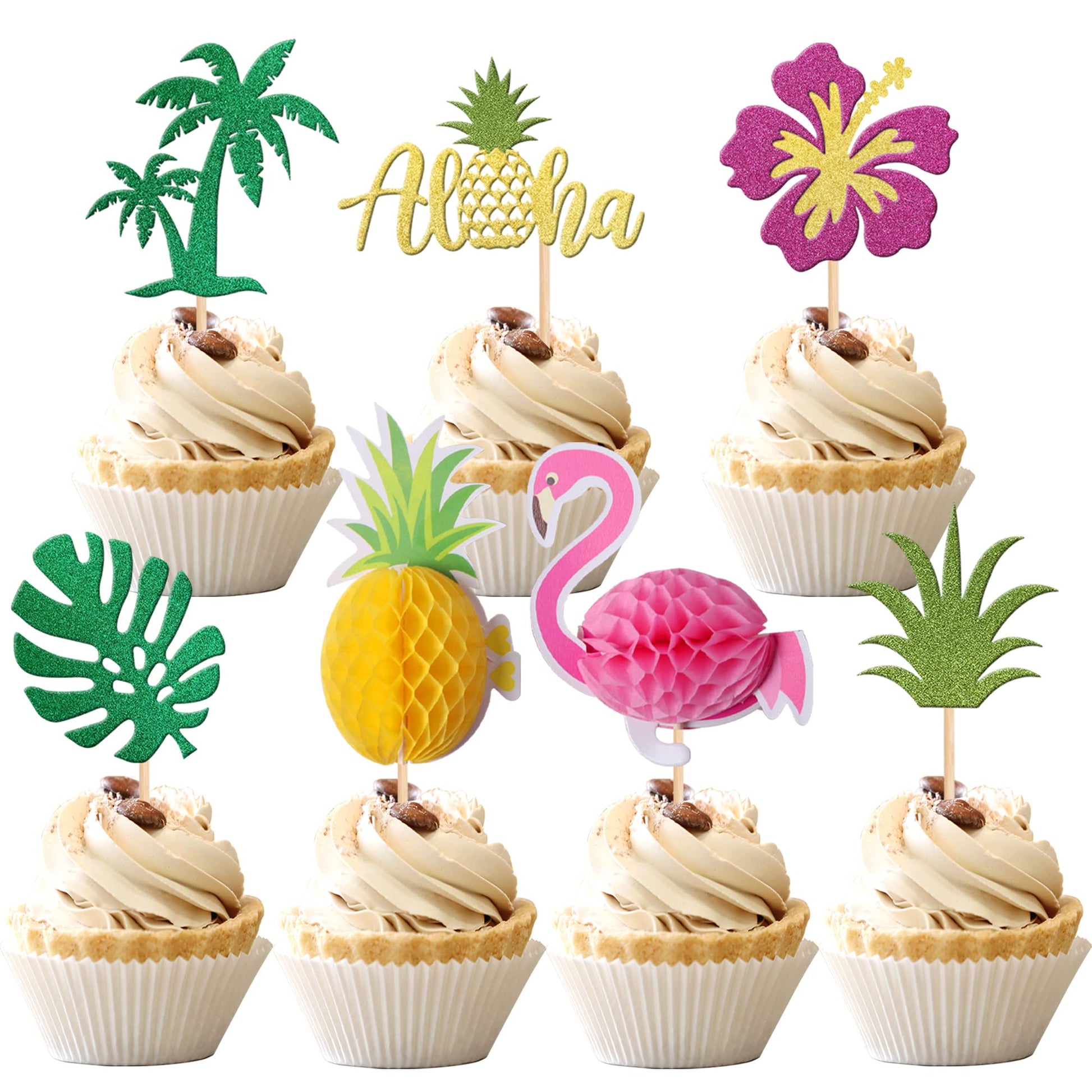 28 Pcs Tropical Cupcake Toppers Glitter Leaf Pineapple Flower Palm Tree Flamingo Cupcake Picks Aloha Cake Decorations For Summer
