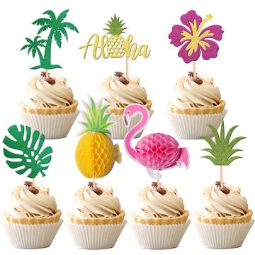 28 Pcs Tropical Cupcake Toppers Glitter Leaf Pineapple Flower Palm Tree Flamingo Cupcake Picks Aloha Cake Decorations For Summer
