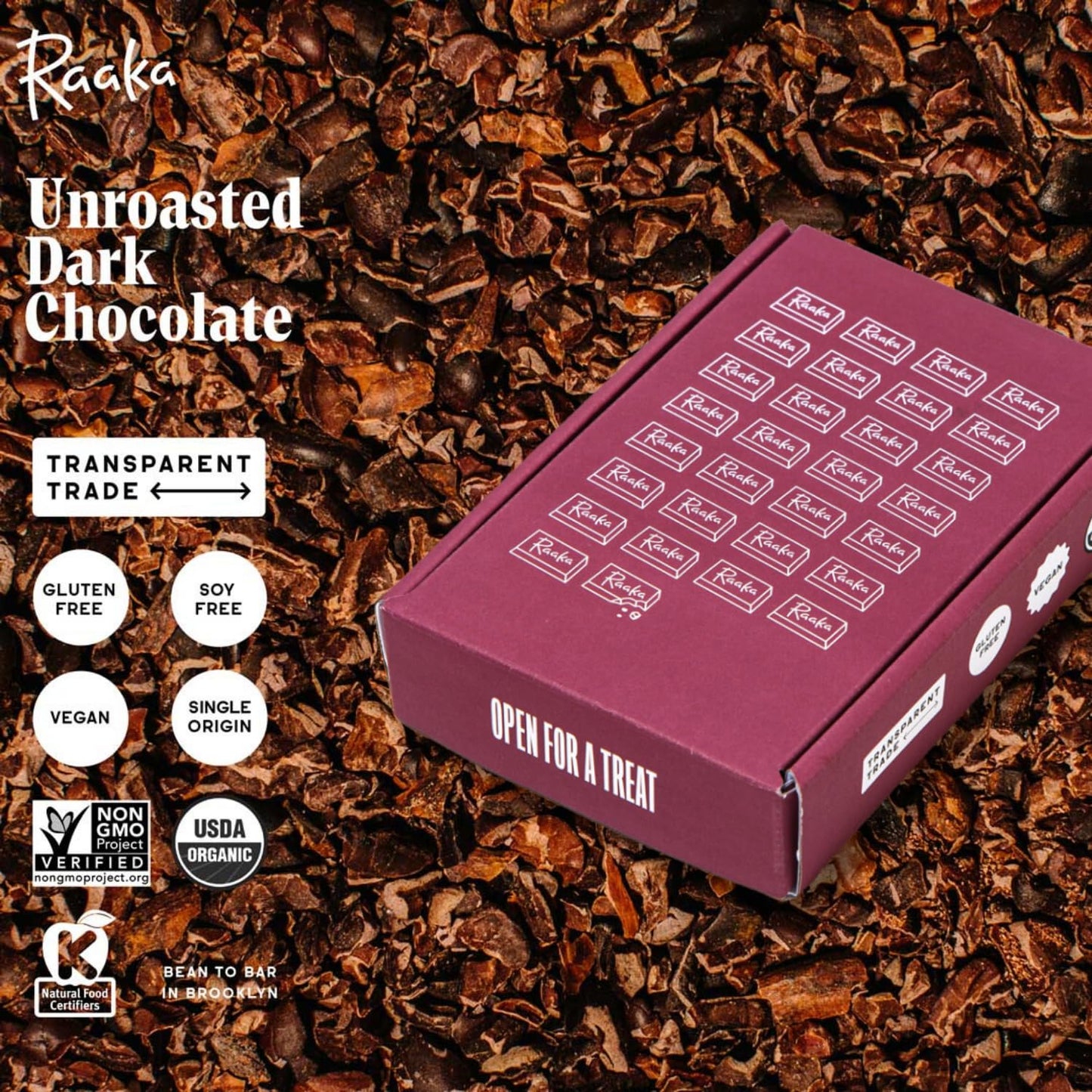 Raaka 100% Dark Chocolate Gift Box | Unsweetened, No Sugar Added Chocolate | Organic, Vegan, Gluten Free, Paleo | Box Of 30 Indi