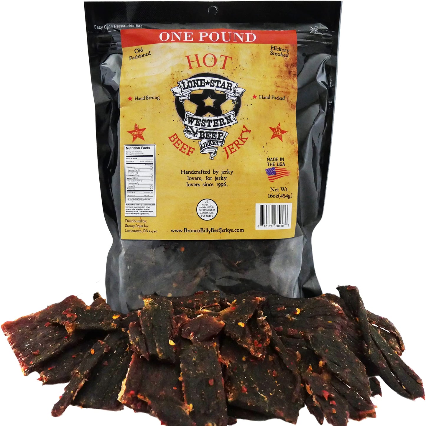 Lone Star Beef Jerky - Hot Flavor - 16 Ounce Resealable Bag - High Protein Snack
