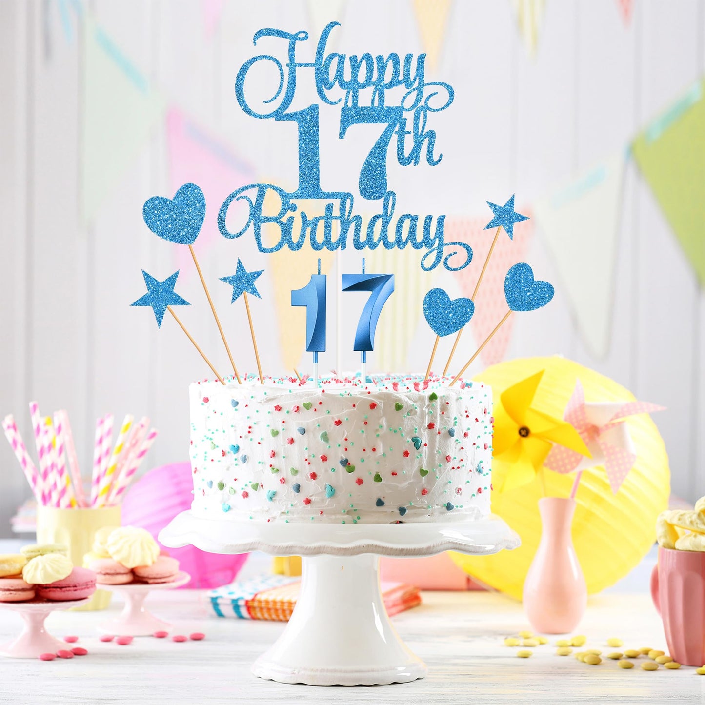 Lecferrarc 17th Birthday Cake Decorations Set, Blue Glitter Cake Toppers and Candles