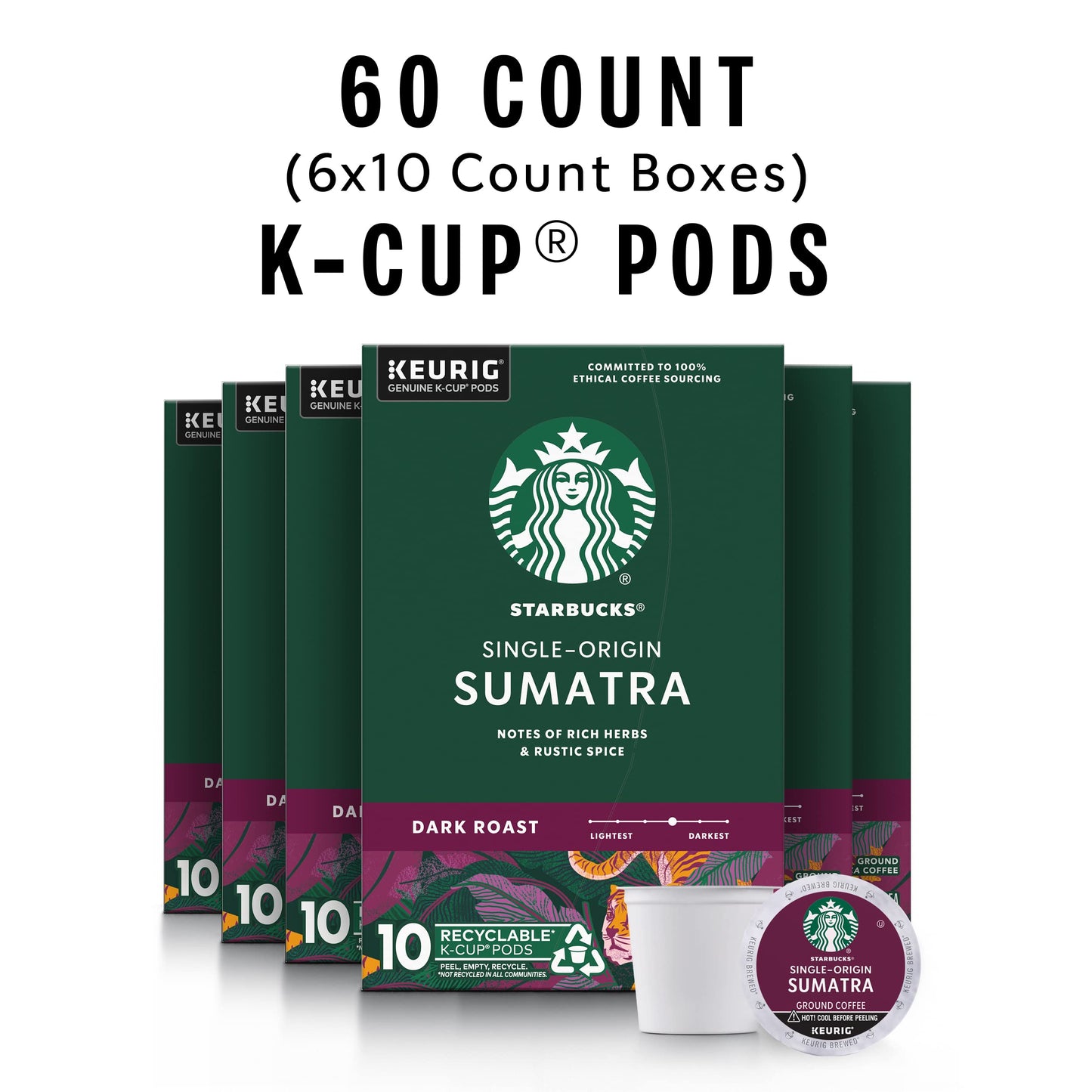 Starbucks K-Cup Coffee Pods, Dark Roast, 100% Arabica, 60 Pods Total, Sumatra, 10 Count (Pack of 6)
