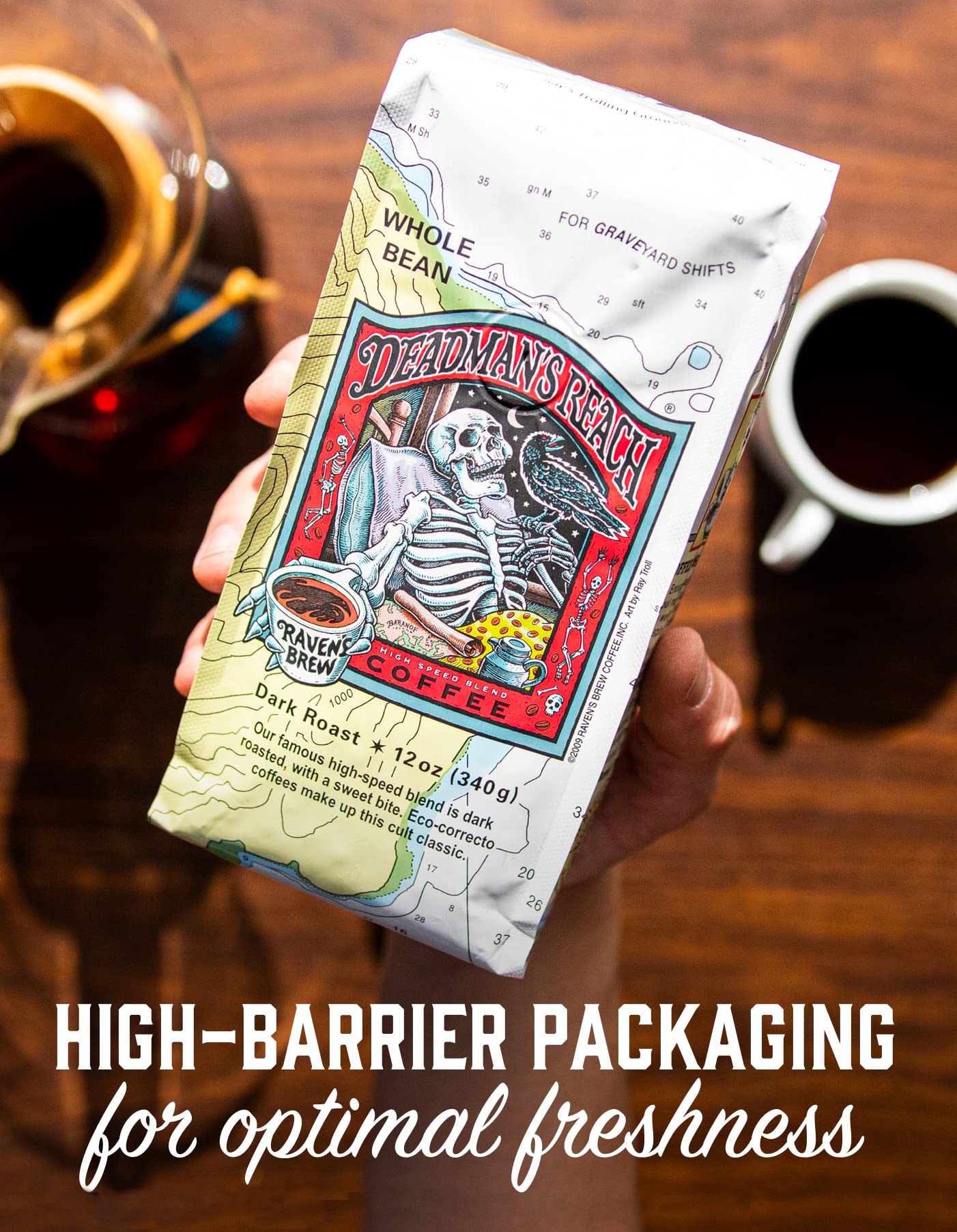 Ravens Brew Coffee Dark Roast Whole Bean, High Caffeine, 12oz, Deadmans Reach