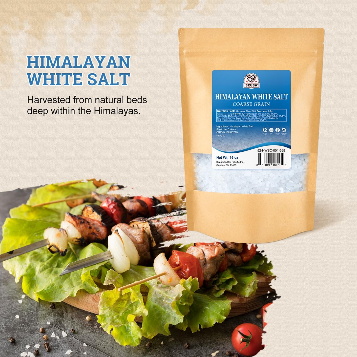 52USA Himalayan White Salt, Coarse Salt 16 oz (1 Pound), Salt for Grinder Refill, Non-GMO, All Natural Sea Salt, Kosher Salt (Pa