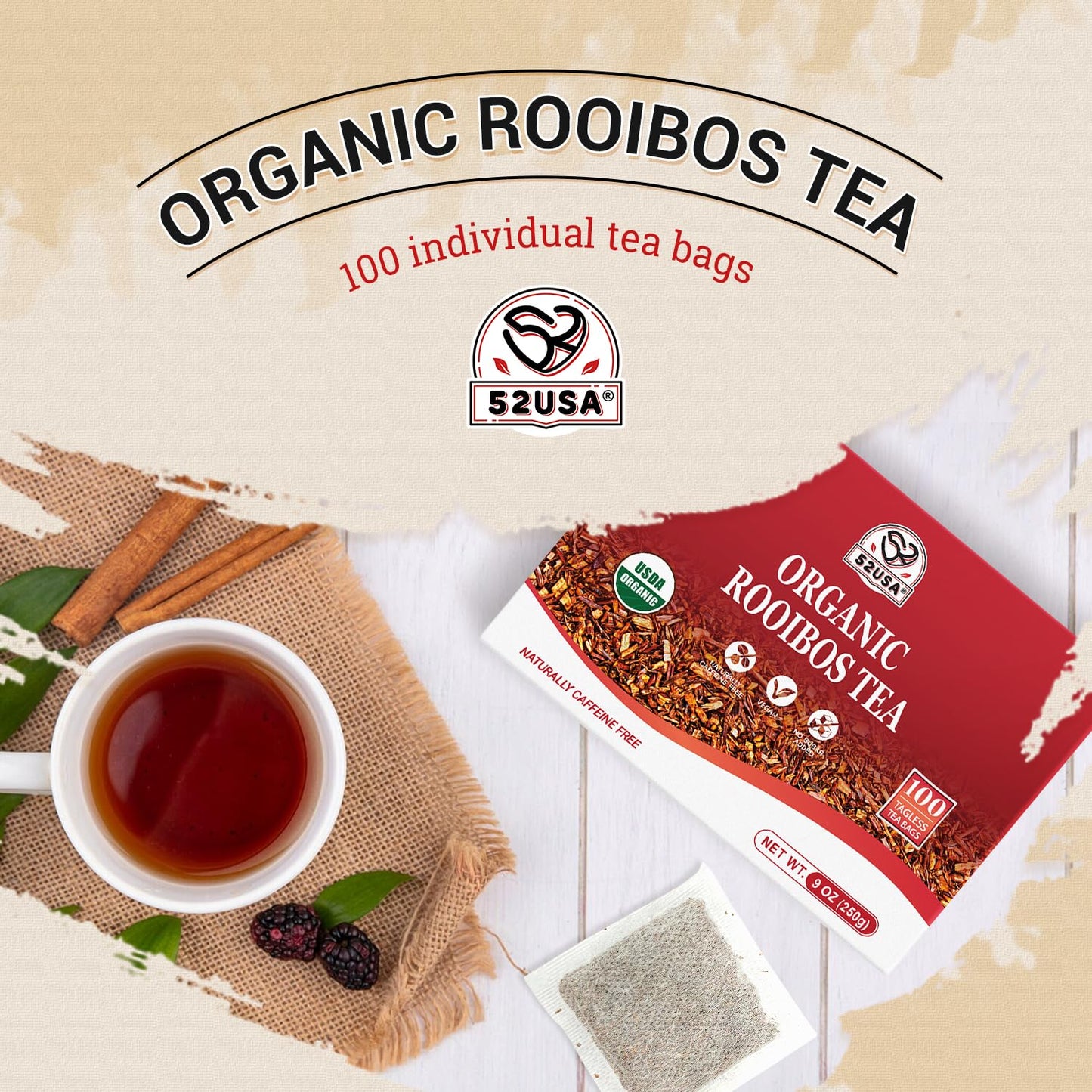52USA Rooibos Tea Organic, Caffeine Free, 100 Tea Bags, Naturally Sweet, 9oz (250g)