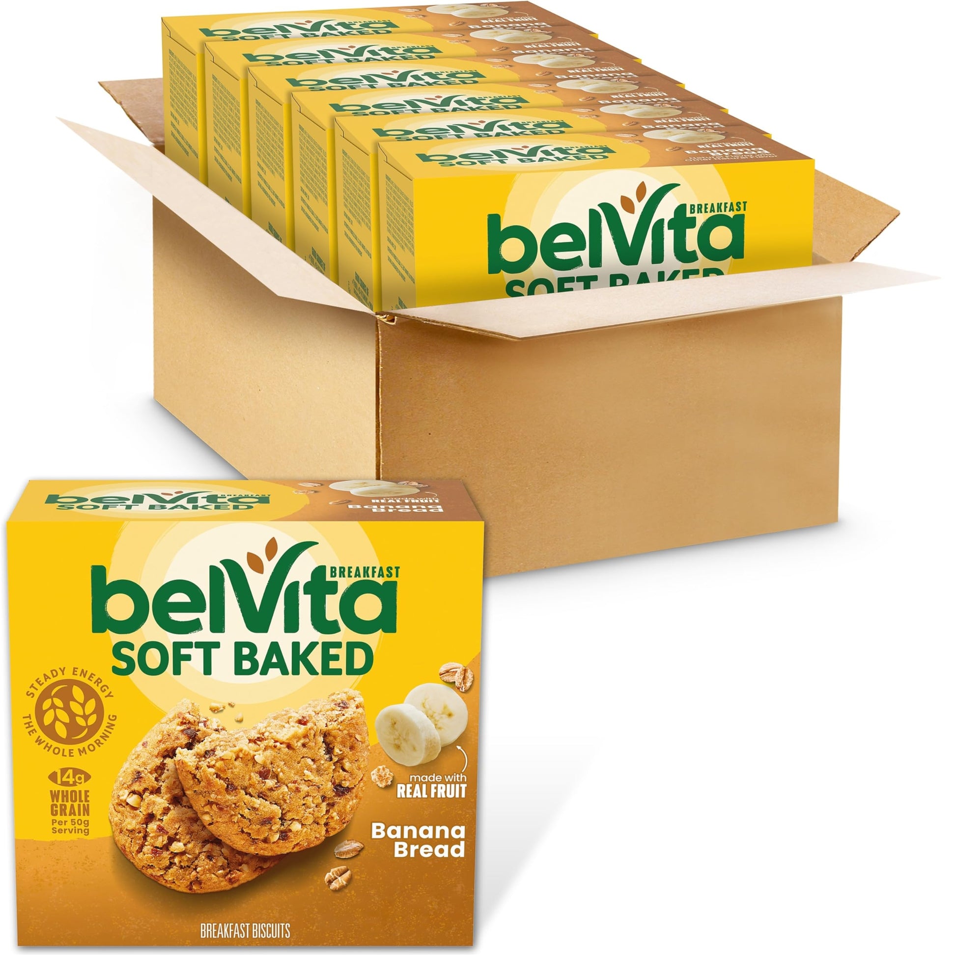 belVita Soft Baked Breakfast Bars, Banana Bread, 6 Boxes of 5 Packs (1 Biscuit Per Pack)