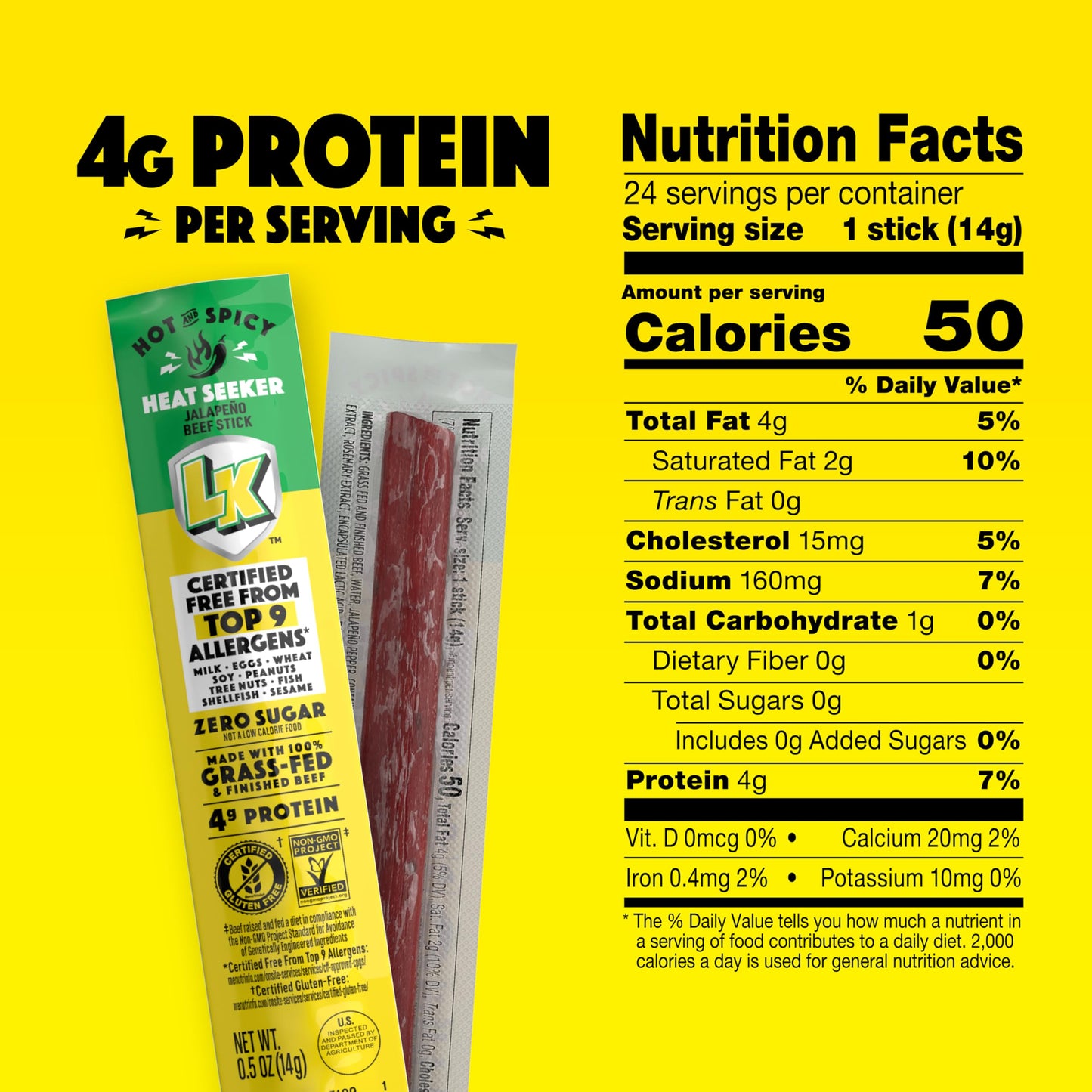 Lorissas Kitchen Beef Jerky Mini Sticks  enhanced Grass Fed & Finished  Original Jalapeo Flavor - 4g Protein  Stocking Stuffers  Free from Top 9 Allergens  Non-GMO  Gluten-Free  0.5 Oz (24 Count)
