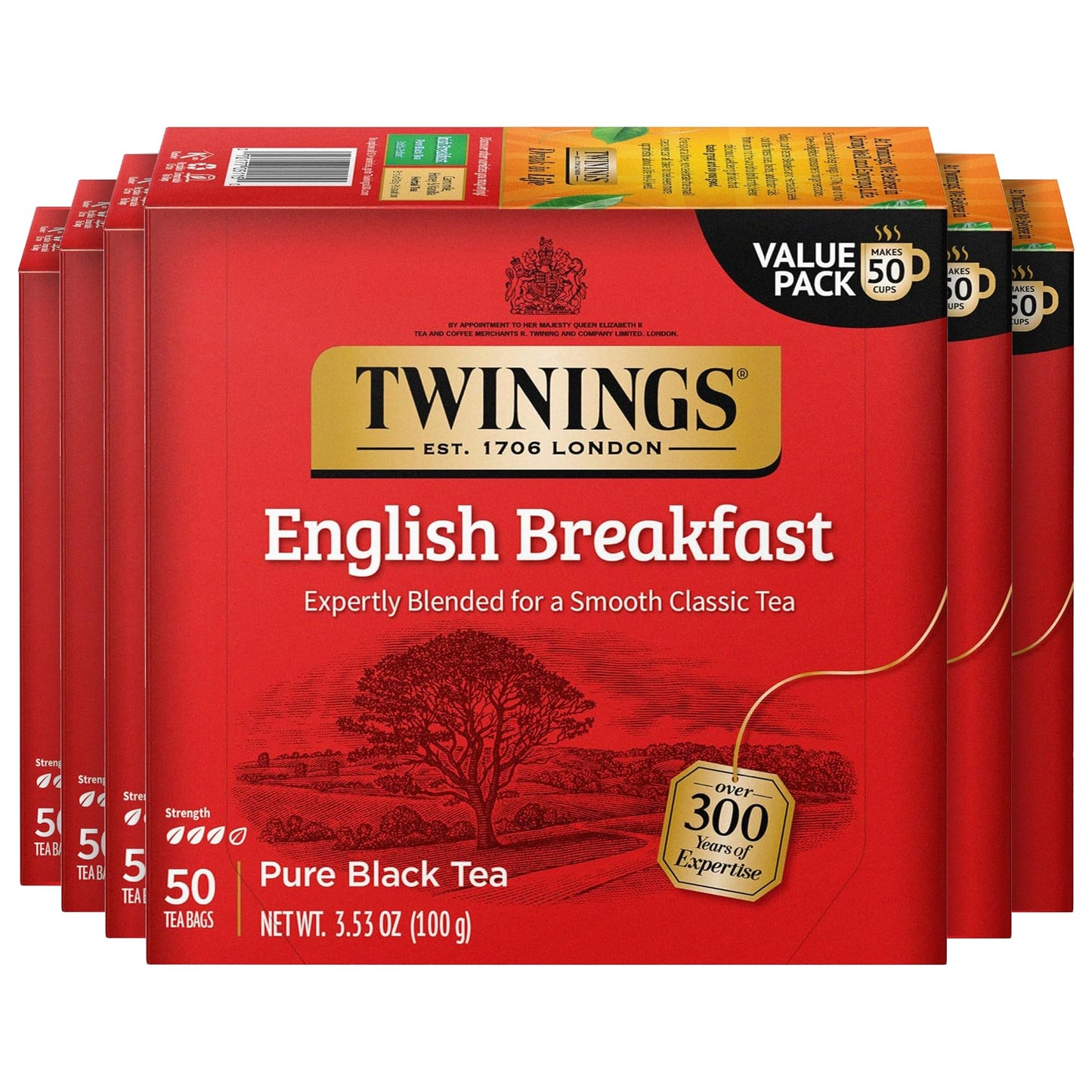 Twinings English Breakfast Black Tea Individually Wrapped Bags, 50 Count (Pack of 6), Flavourful, Robust, Caffeinated, Enjoy Hot