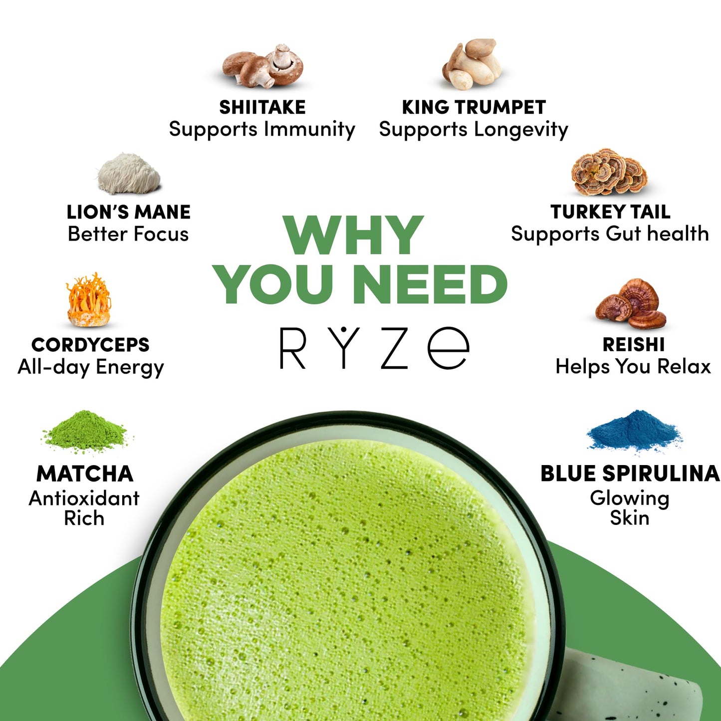 Ryze Mushroom Matcha Starter Kit, Usda Organic With 6 Adaptogenic Mushrooms And Ceremonial-Grade Japanese Matcha, Energy, Focus,
