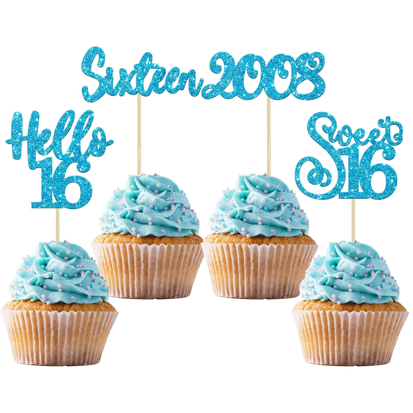 Gyufise 24Pcs Happy 16Th Birthday Cupcake Toppers Glitter Hello 16 Sweet 16 Cupcake Picks Sixteen Years Old Birthday Cake Decora