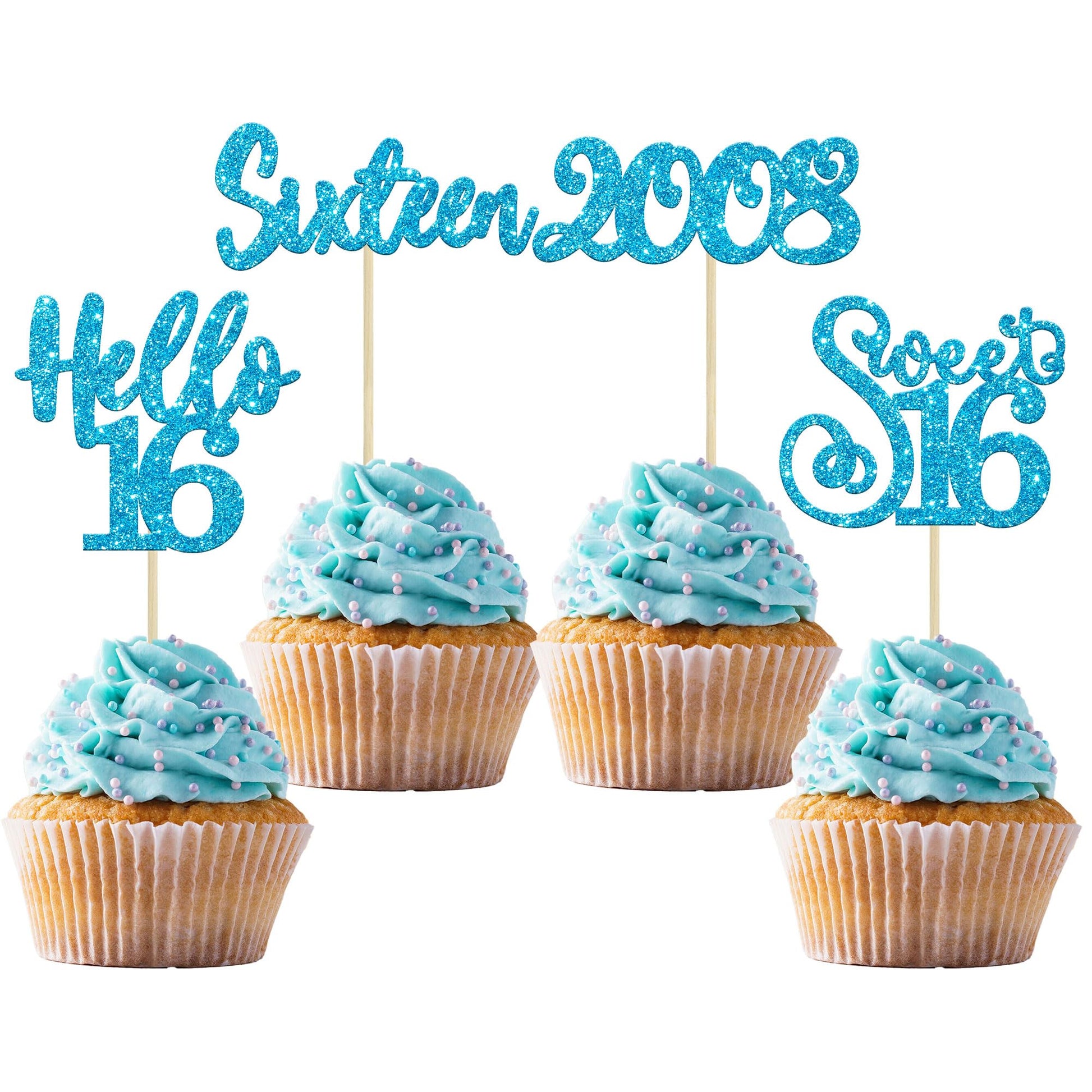 Gyufise 24Pcs Happy 16Th Birthday Cupcake Toppers Glitter Hello 16 Sweet 16 Cupcake Picks Sixteen Years Old Birthday Cake Decora
