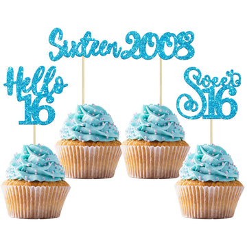 Gyufise 24Pcs Happy 16Th Birthday Cupcake Toppers Glitter Hello 16 Sweet 16 Cupcake Picks Sixteen Years Old Birthday Cake Decora