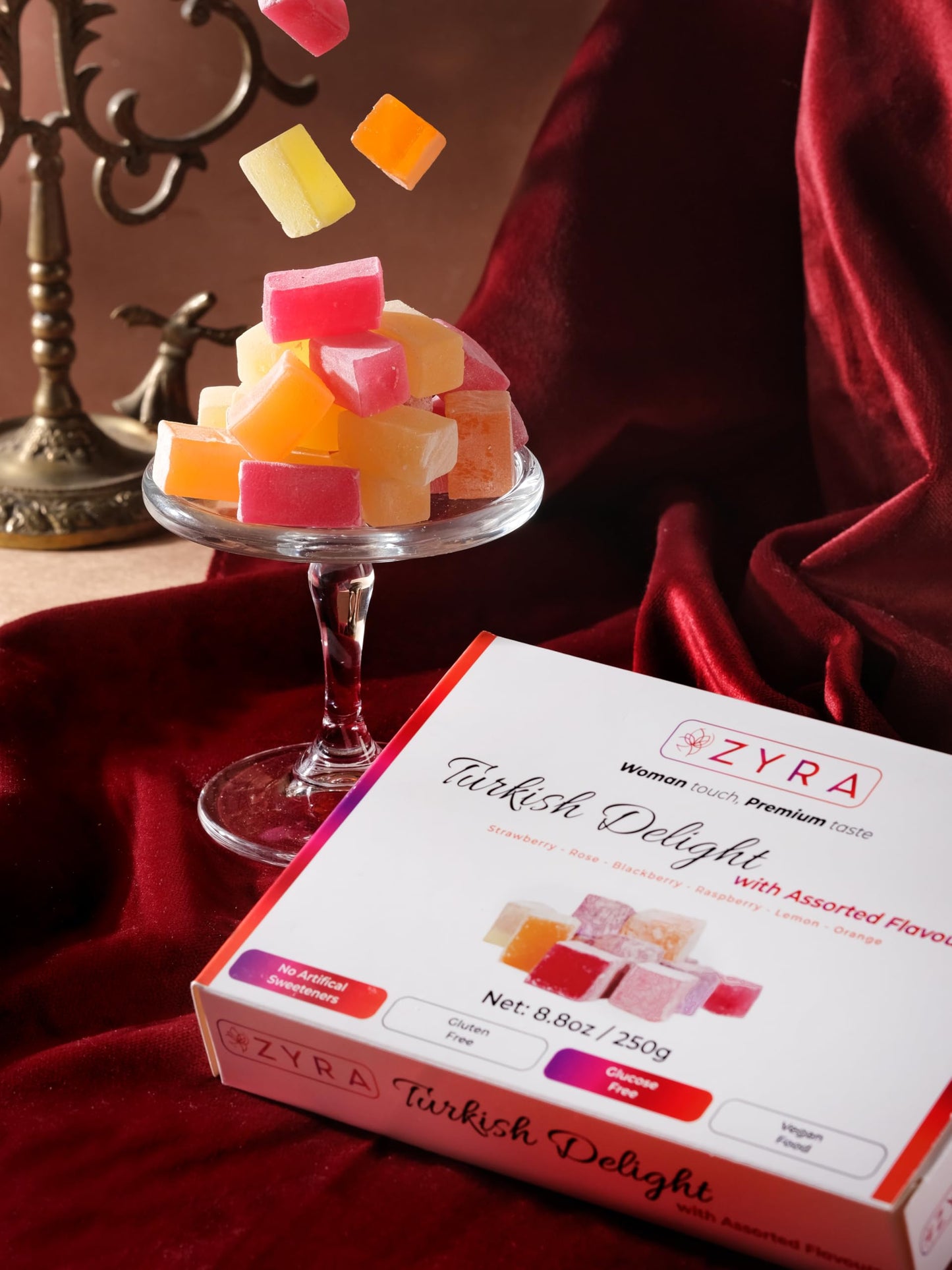 Zyra Turkish Delight - 8.8Oz - Woman Owned Brand - Luxury With Assorted Fruit - Rose, Strawberry, Raspberry, Blackberry, Lemon, Orange - Authentic Enhanced Lokum Confectionery - Gifts For Everyone