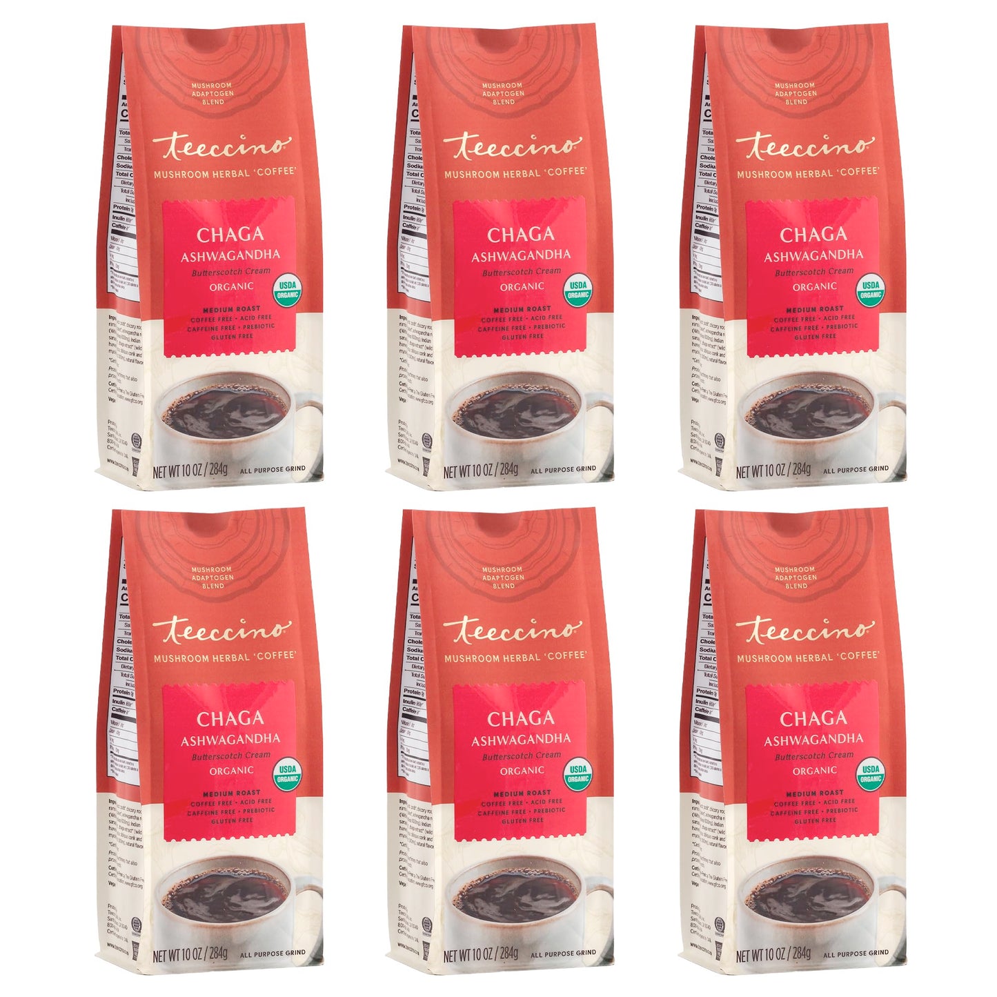 Teeccino Coffee Alternative, Chaga Ashwagandha, Butterscotch Cream, Organic, Caffeine Free, 10 oz (Pack of 6), Natural