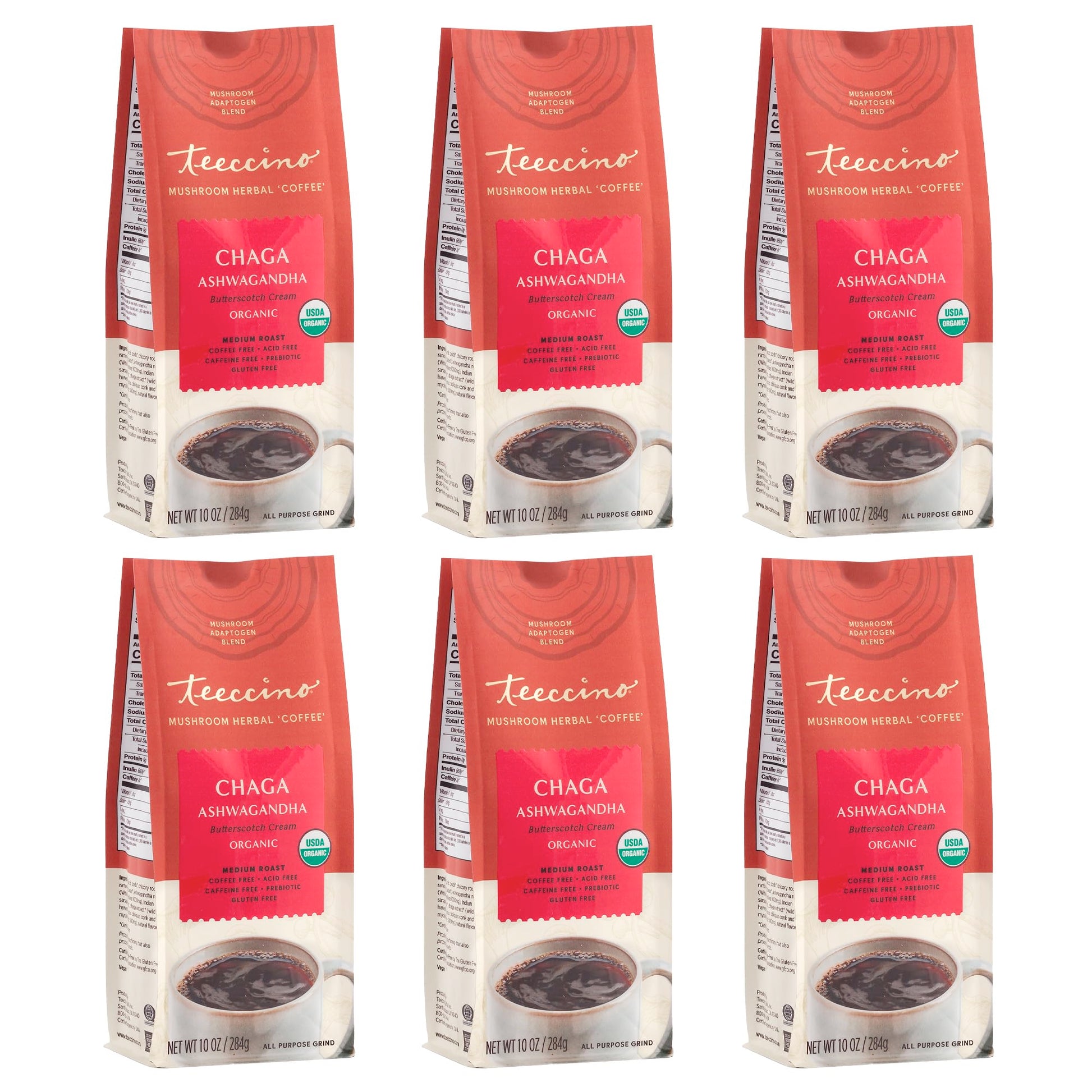 Teeccino Coffee Alternative, Chaga Ashwagandha, Butterscotch Cream, Organic, Caffeine Free, 10 oz (Pack of 6), Natural