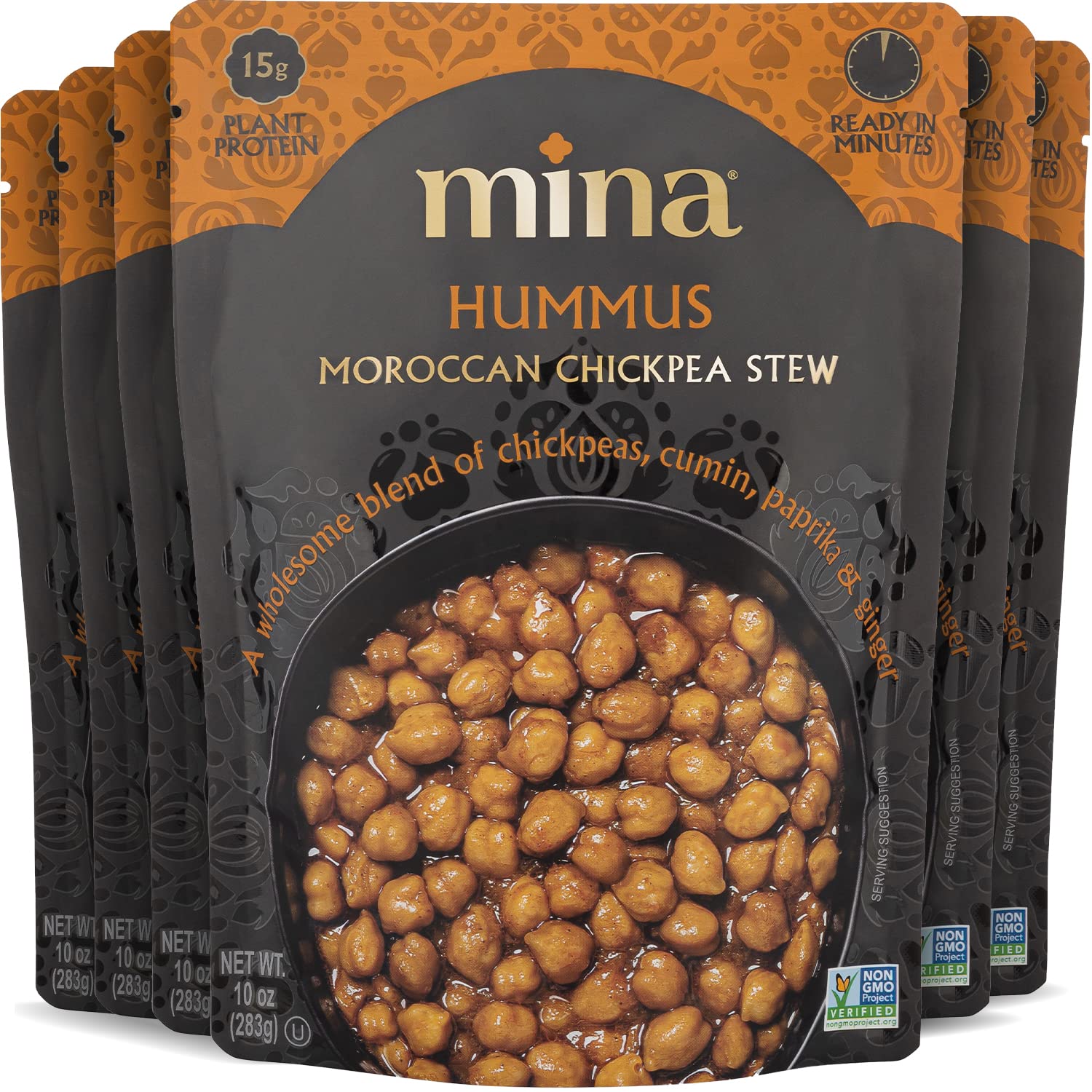 Mina Moroccan Chickpeas, Ready To Eat, Chickpeas High In Plant Based Protein, Vegan, Non-Gmo, Gluten Free, Kosher, Microwavable, Packaged Meals & Side Dishes, 10 Oz (Pack Of 6)