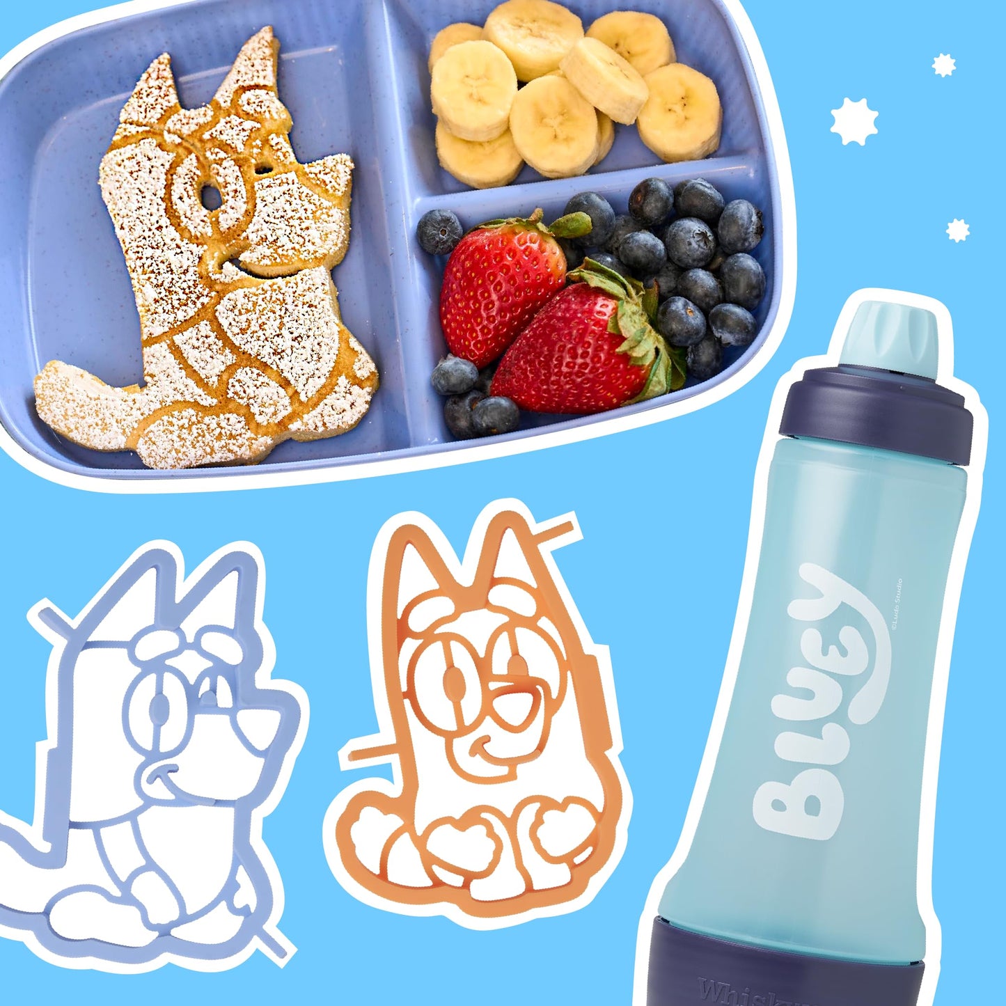 Whiskware Pancake Art Kit, 4.5 Cups, Plastic, Includes 1 Batter Bottle, 2 Silicone Molds, BlenderBall Whisk, Bluey and  card-style!