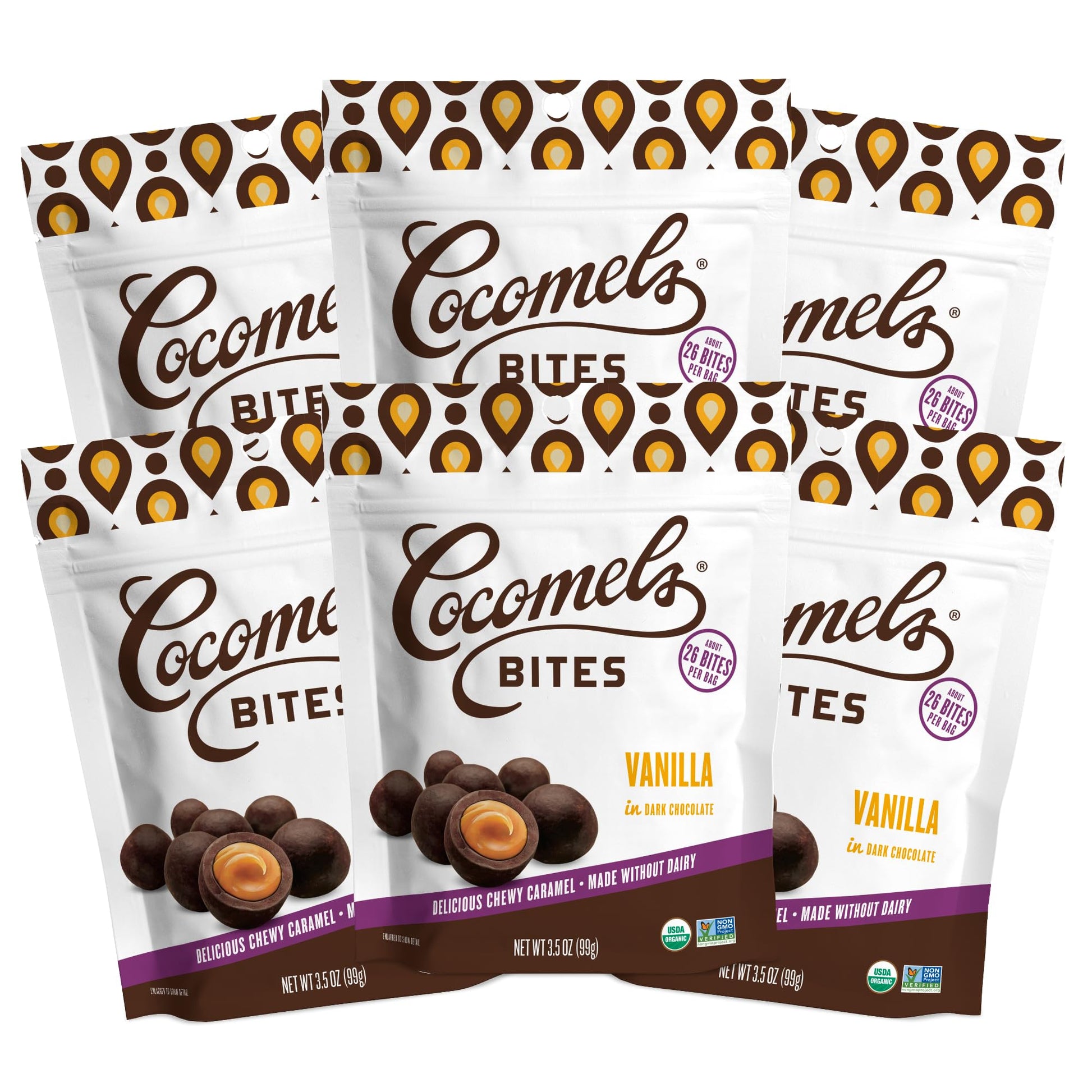 Cocomels Dark Chocolate Covered Bites, Vanilla, 3.5 oz, 6 Pack, Dairy Free, Vegan, Organic