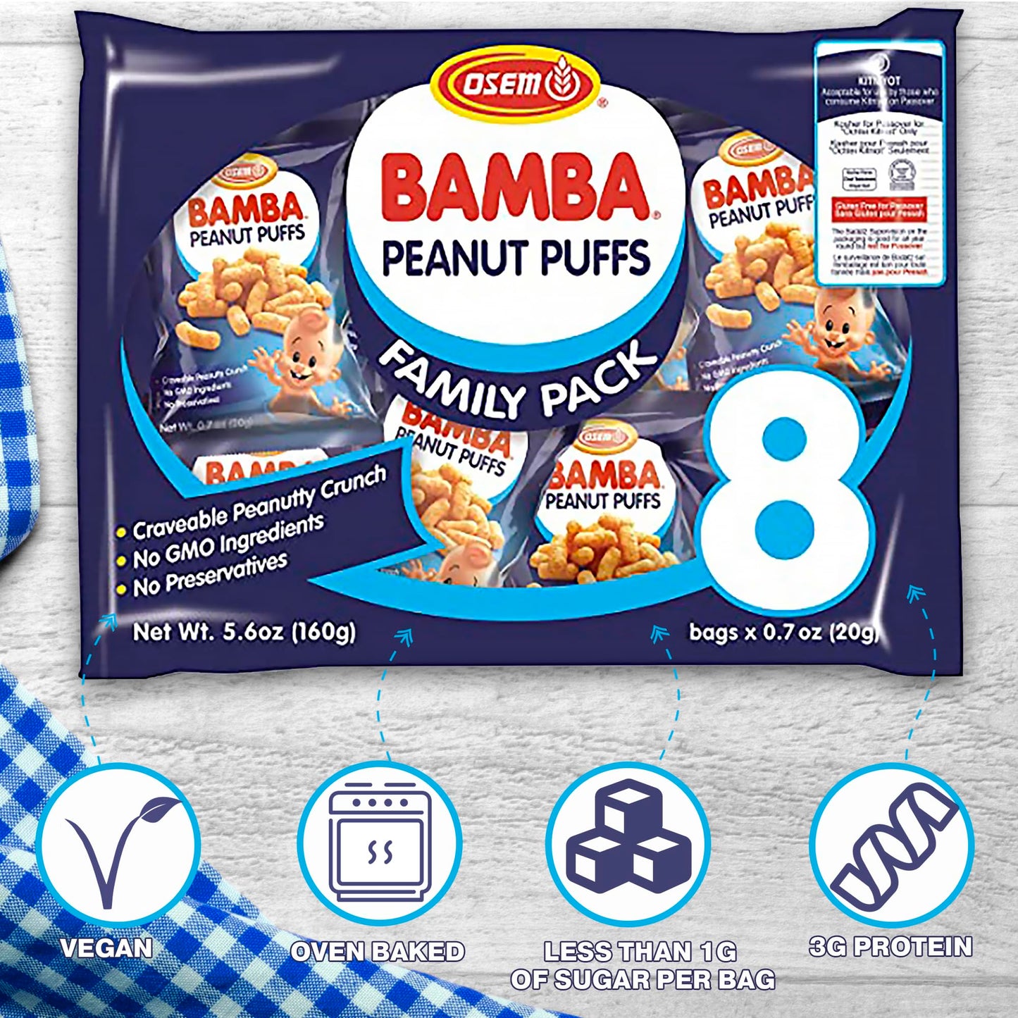 Osem Bamba Peanut Snacks for the Family - All Natural Peanut Puffs (Pack of 8) 0.7oz bags - Only 4 Ingredients - Peanut Butter P
