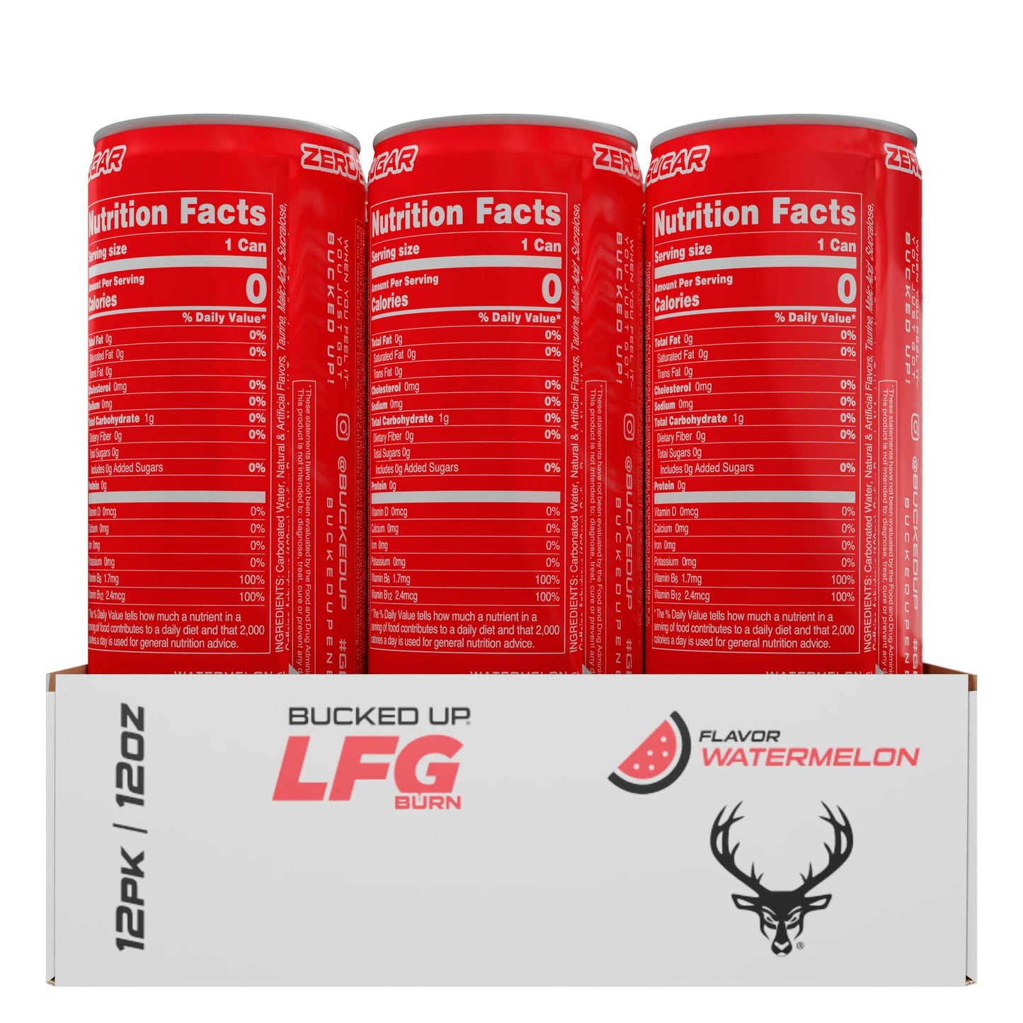 Bucked Up LFG BURN Energy Drink - Zero Sugar - 12 Pack - Watermelon Flavor