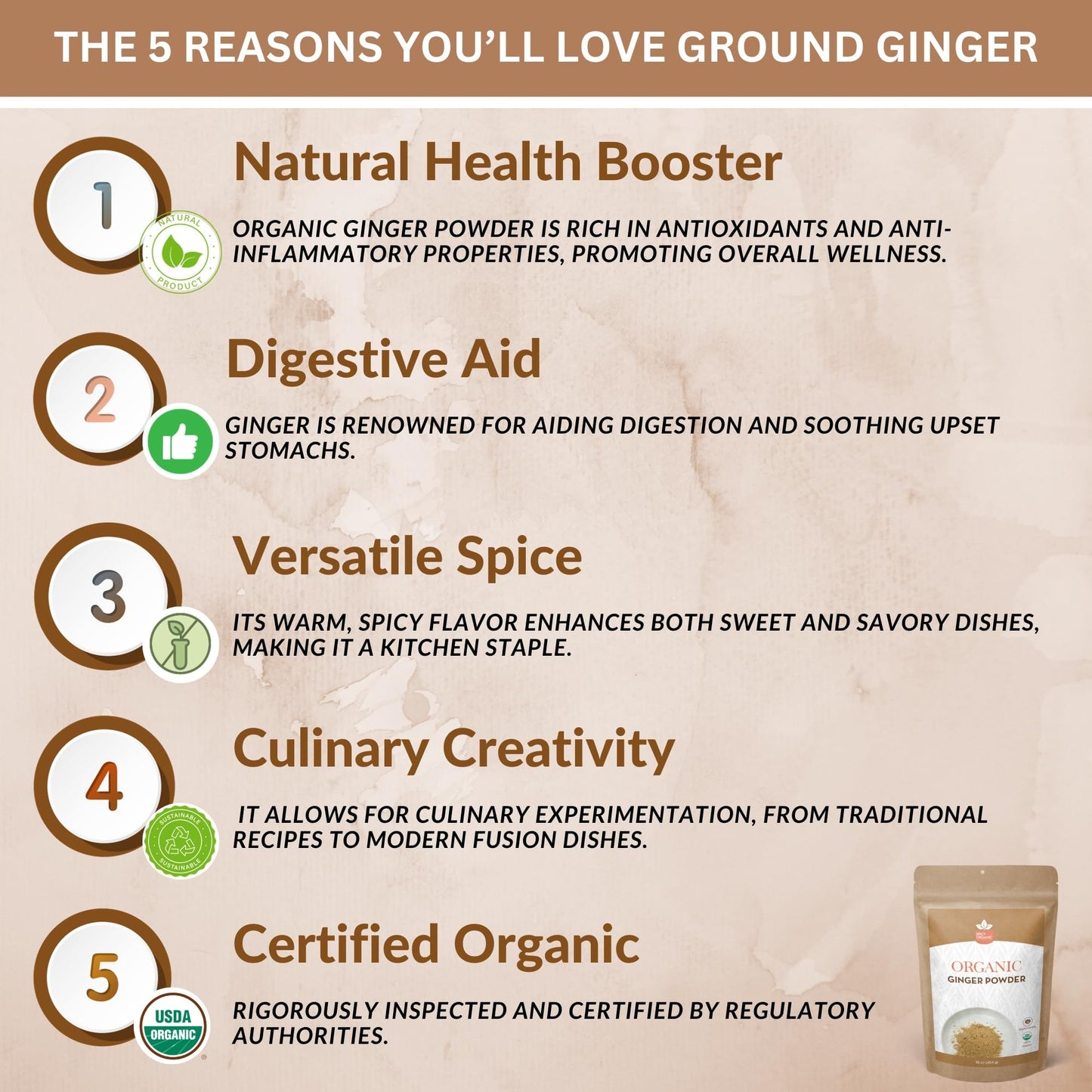 Spicy Organic Ginger Root Powder - 16 Oz. - Freshly Ground From Raw, Indian Ginger, Dried Spice For Baking, Beverages And Cookin