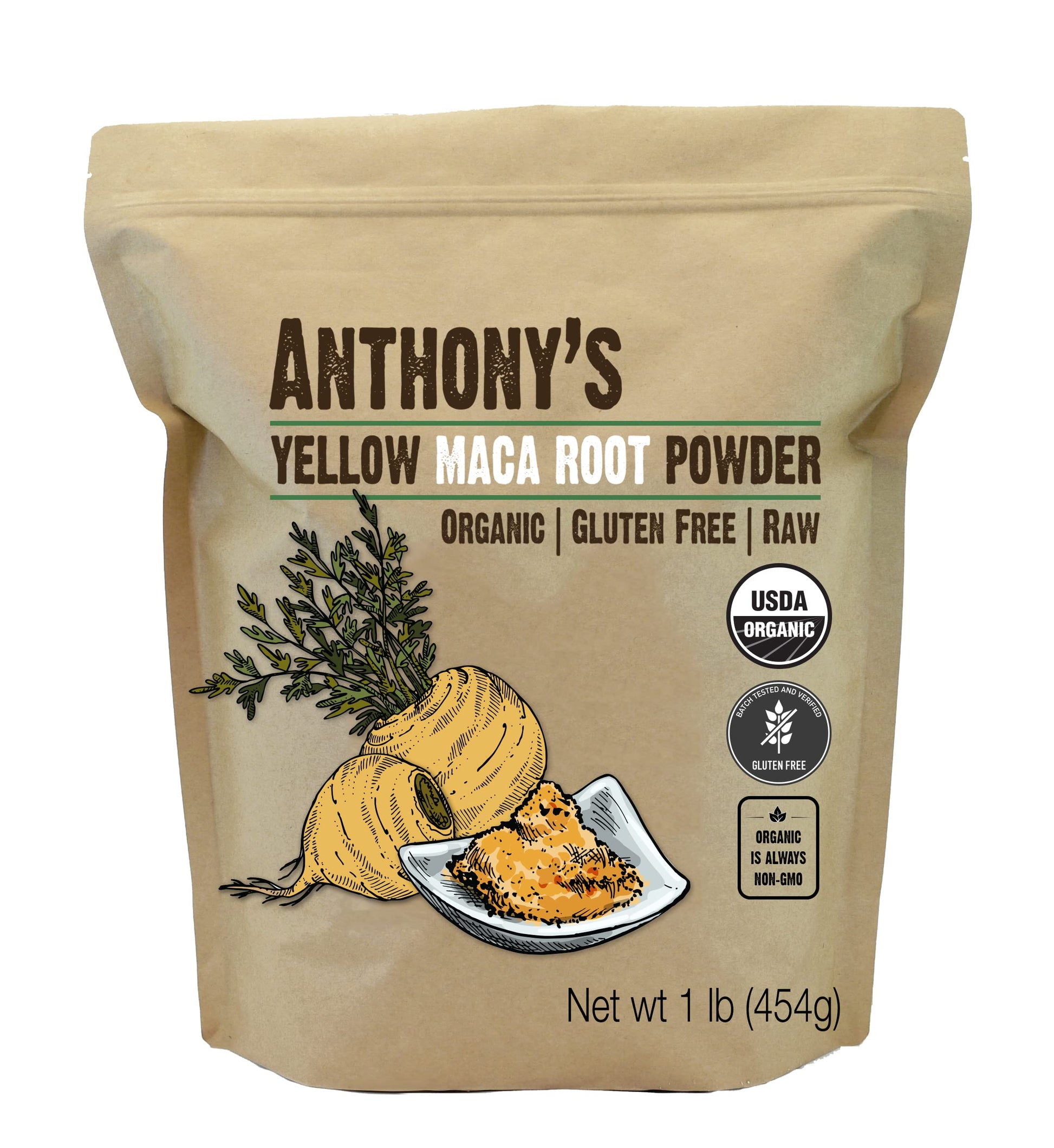 Anthonys Organic Yellow Maca Root Powder, 1 Lb, Raw, Gluten Free, Non Gmo, Non Gelatinized