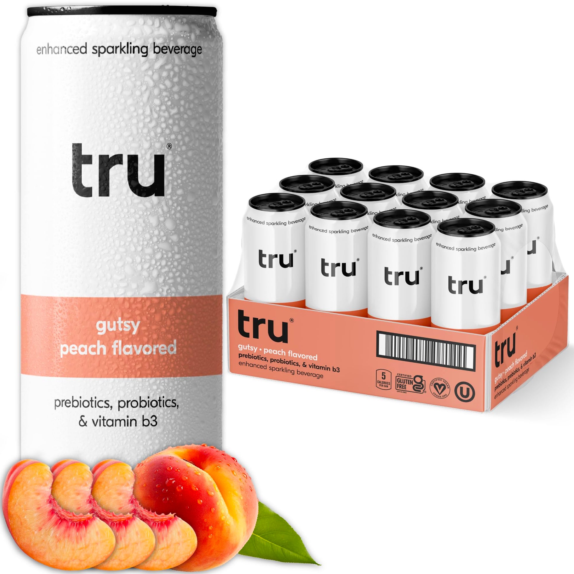 Tru Gut Seltzer Sparkling Water with Prebiotics & Probiotics, Peach Flavor, 12 Fl Oz Cans, 12 Pack, Gluten Free, Vegan, Low Calorie