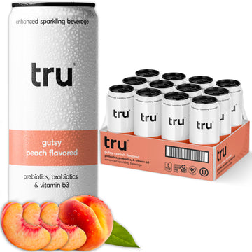 Tru Gut Seltzer Sparkling Water with Prebiotics & Probiotics, Peach Flavor, 12 Fl Oz Cans, 12 Pack, Gluten Free, Vegan, Low Calorie