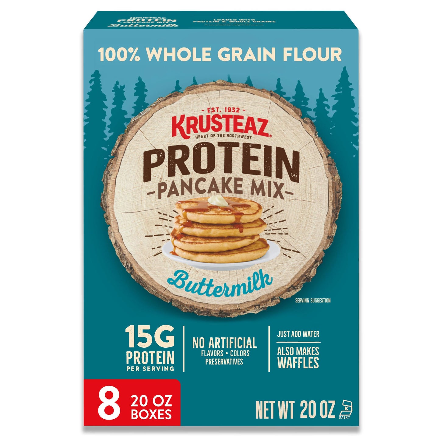 Krusteaz Protein Buttermilk Pancake and Waffle Mix, 15g Protein Per Serving, 20 oz Boxes (Pack of 8)