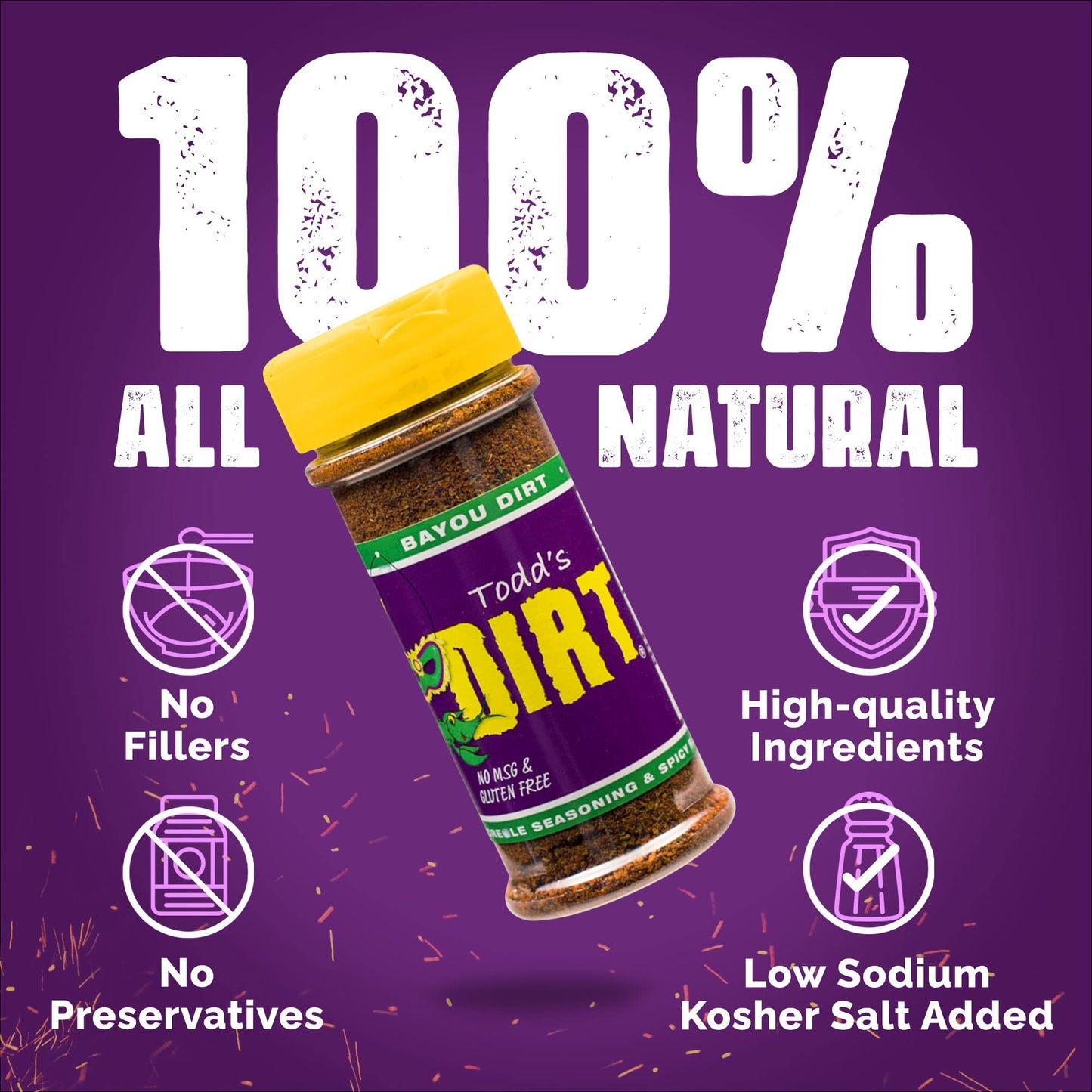 Todds Dirt - Bayou Dirt Small Bottle 3.3Oz, Cajun & Blackening Seasoning, Gourmet Spicy All Purpose Seasoning Thats Great On Eve