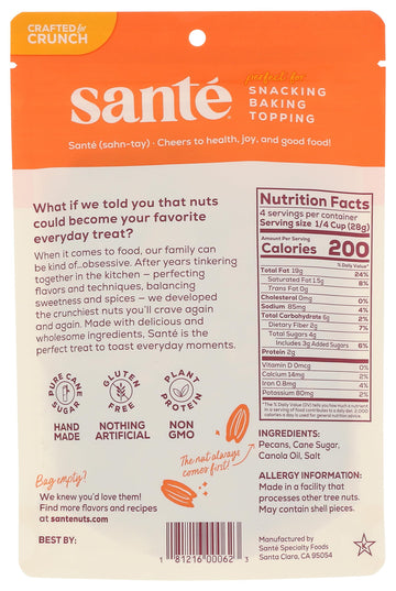 Sante Candied Pecans | Gourmet Candied Nuts | All Natural, non-GMO | Gluten Free, Peanut Free | 4 Ounce Resealable Bag