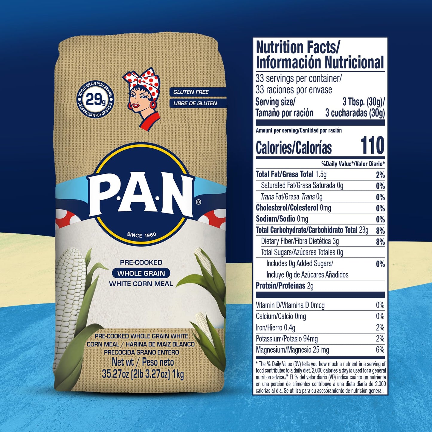 P.A.N. Whole Grain White Corn Meal - Pre-cooked Gluten Free and Kosher Flour (2lb 3.27oz) (Pack of 1)