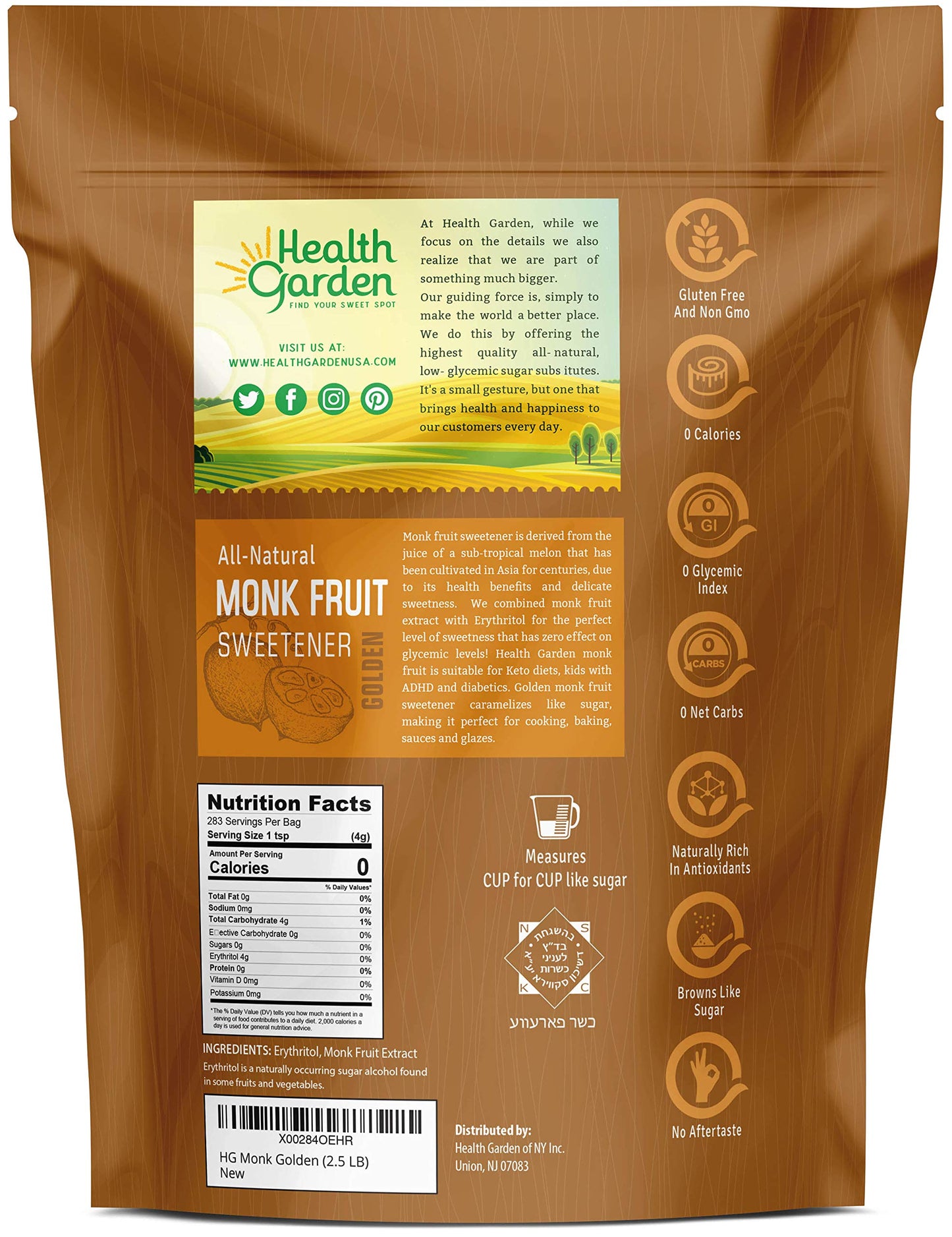 Health Garden Monk Fruit Sweetener, Golden- Non Gmo - Gluten Free - 1:1 Sugar Substitute - Kosher - Keto Friendly (2.5 Lbs)