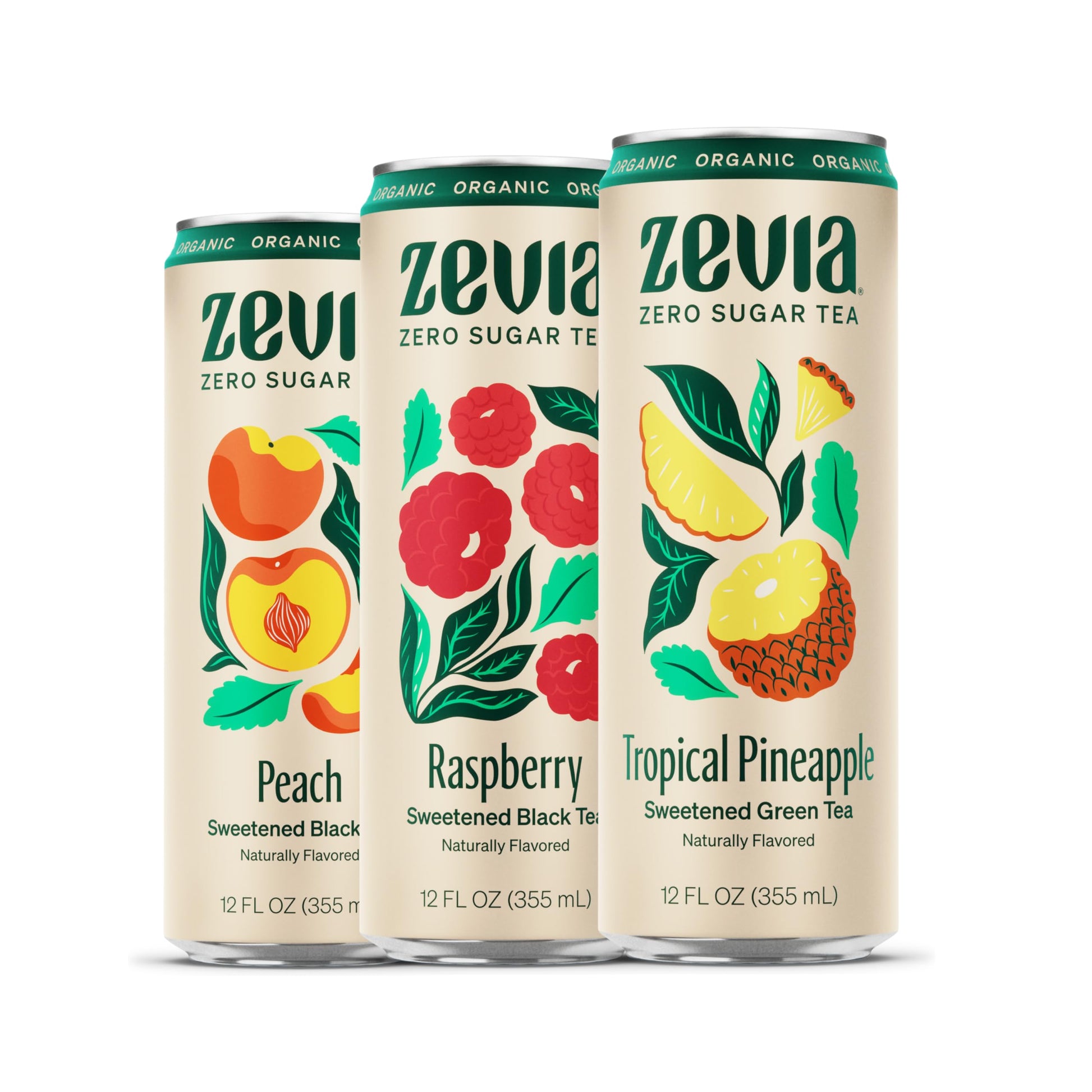 Zevia Organic Sugar Free Iced Tea, Fruity Tea Variety Pack, 12 Ounce Cans (Pack of 15)