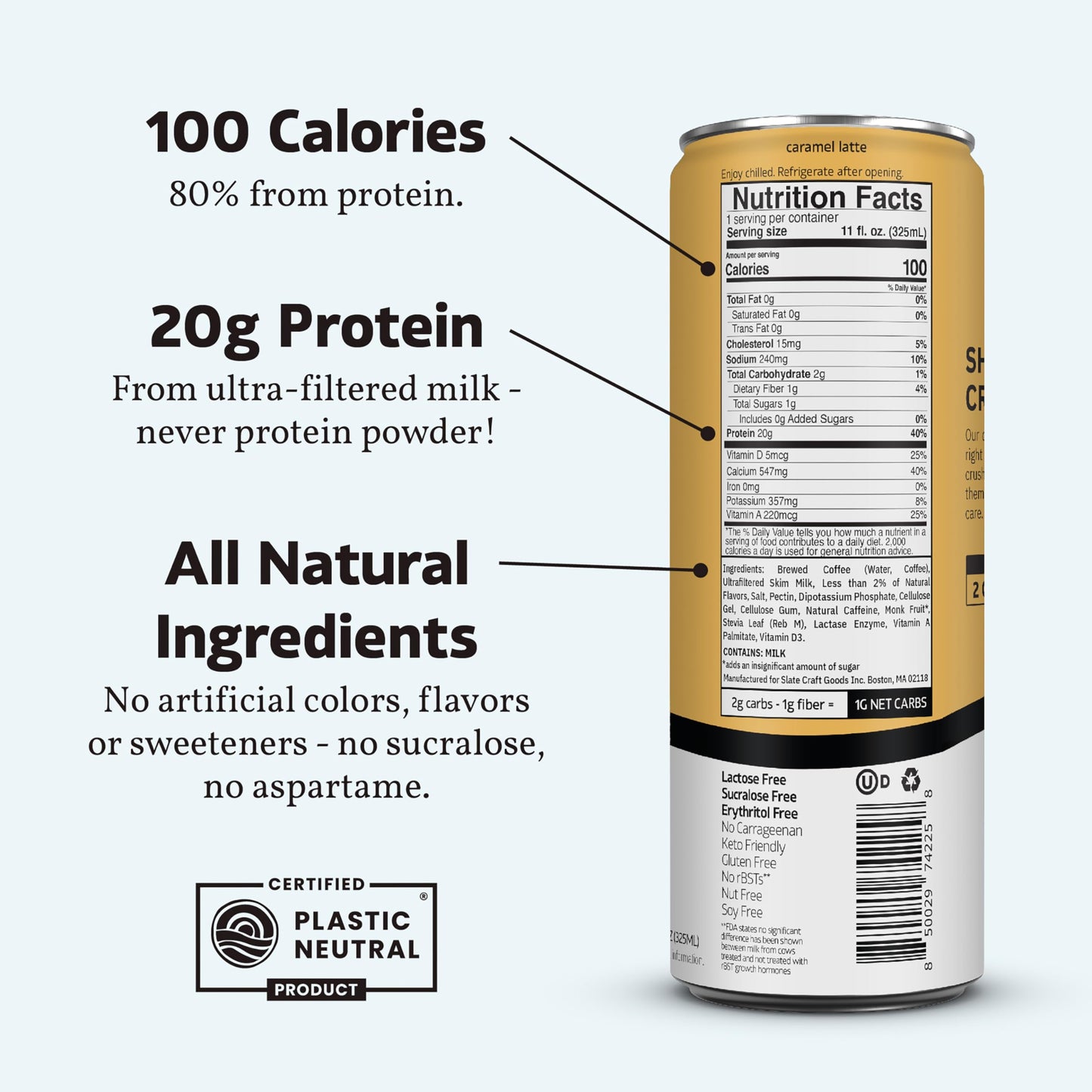 Slate Milk - High Protein Iced Coffee - Caramel Latte - 175mg Caffeine  Lactose Free Energy - 20g Protein  1g Sugar  100 Calories  1g Net Carbs  No Sugar Added - Protein Coffee - 11 fl oz  24 Cans