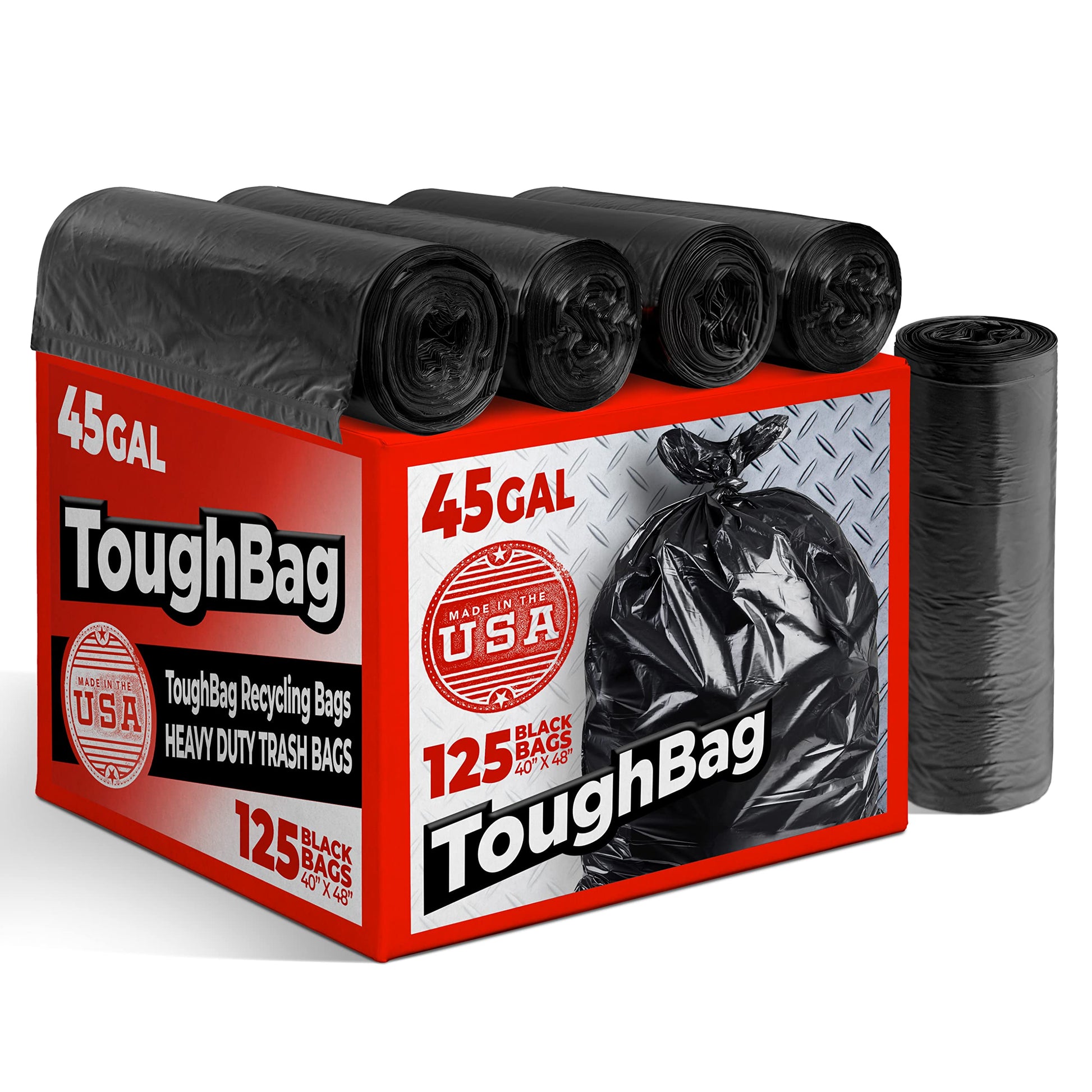 Toughbag 40-45 Gallon Trash Bags, 40 X 48'' Black Garbage Bags (125 Count) - Outdoor Industrial Garbage Can Liner For Commercial