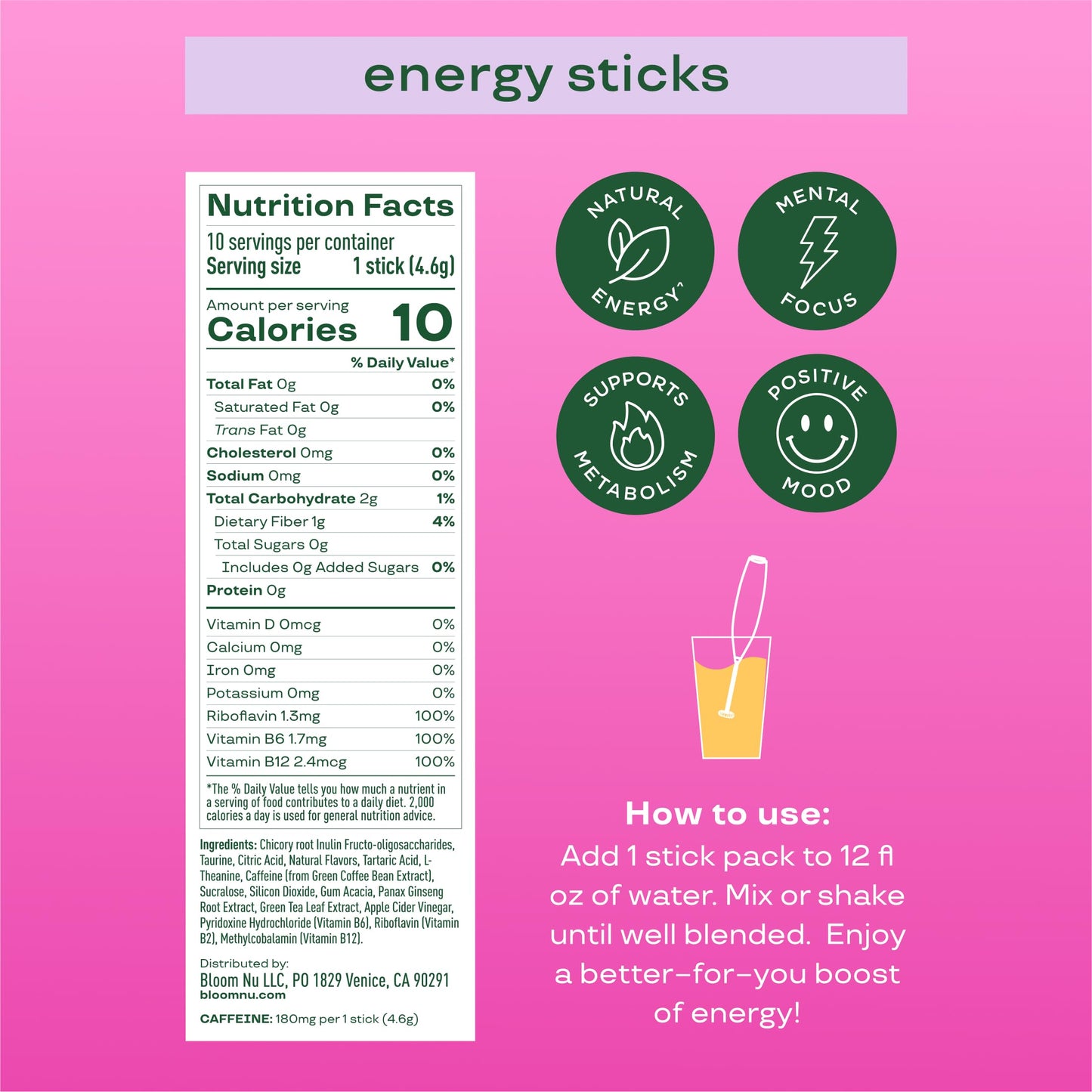Bloom Nutrition Energy Drink Powder Packets  Sugar Free Energy Drink Mix with L-Theanine  B Vitamins & Natural Caffeine  On the Go Powder Sticks for Natural Energy  10 Calories (10 Pouches (Pack of 1)  Raspberry Lemonade)