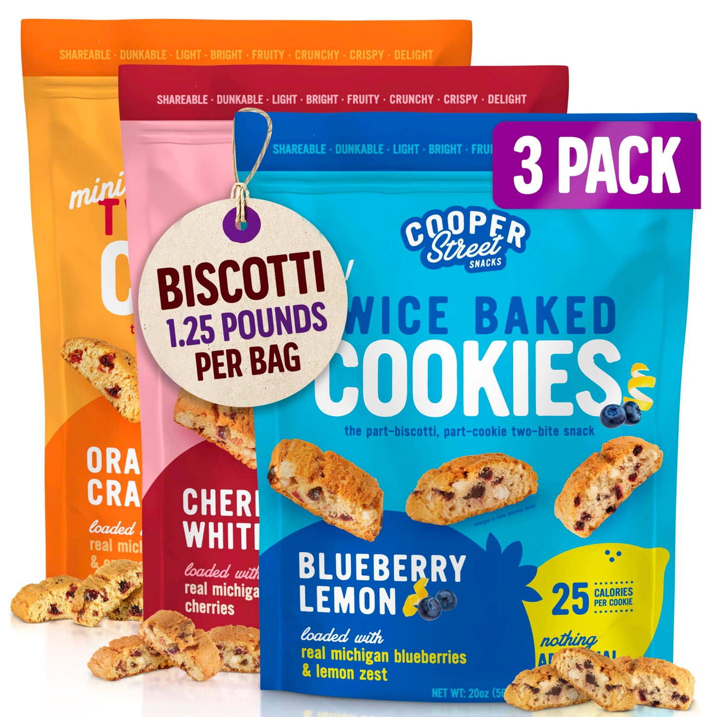 Cooper Street Cookies Twice Baked Italian Biscotti Cookies - Lemon Blueberry, Orange Cranberry and Cherry White Chunk | Crispy, 