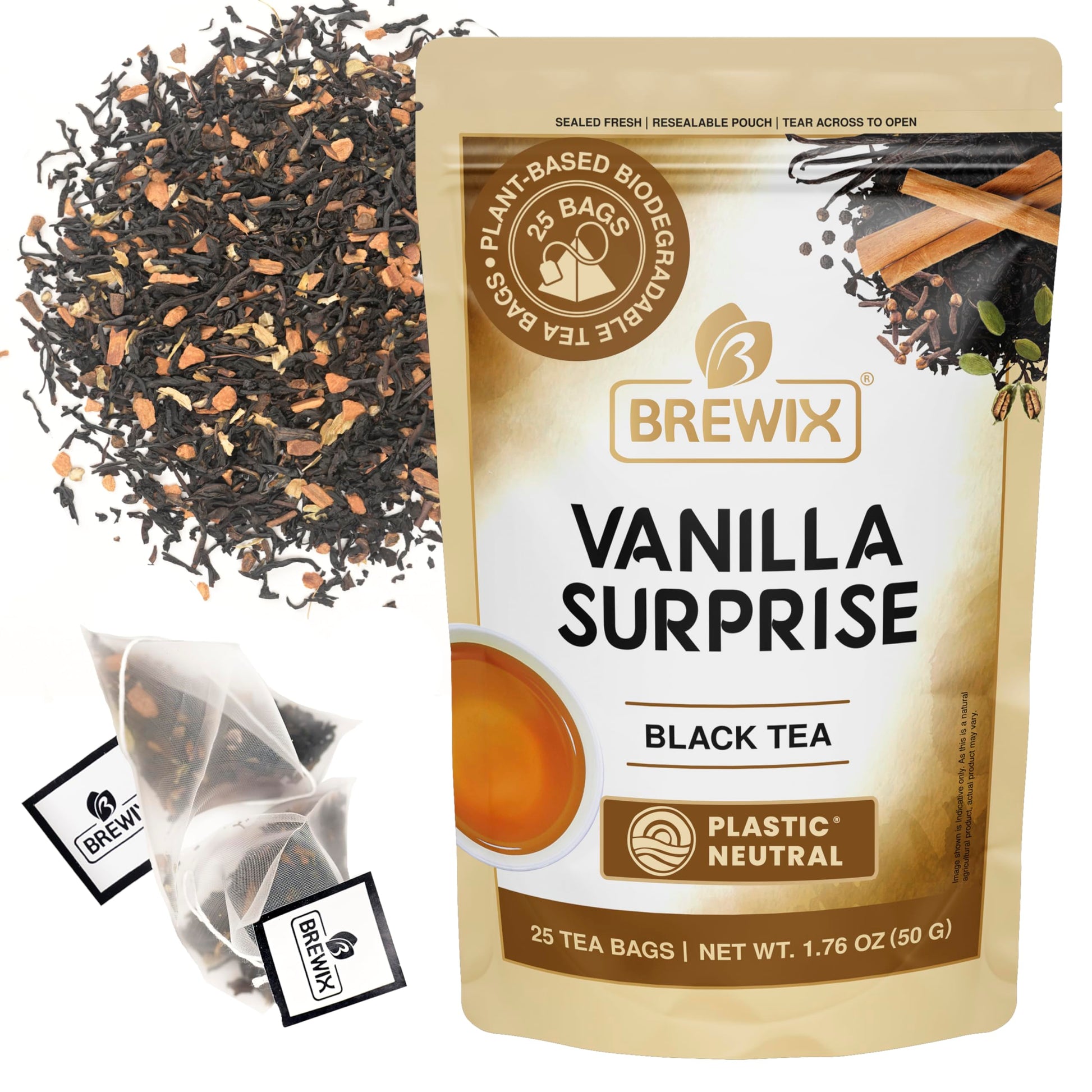 BREWIX Vanilla Spiced Chai Tea - High Caffeine, Gluten Free, 25 Pyramid Tea Bags