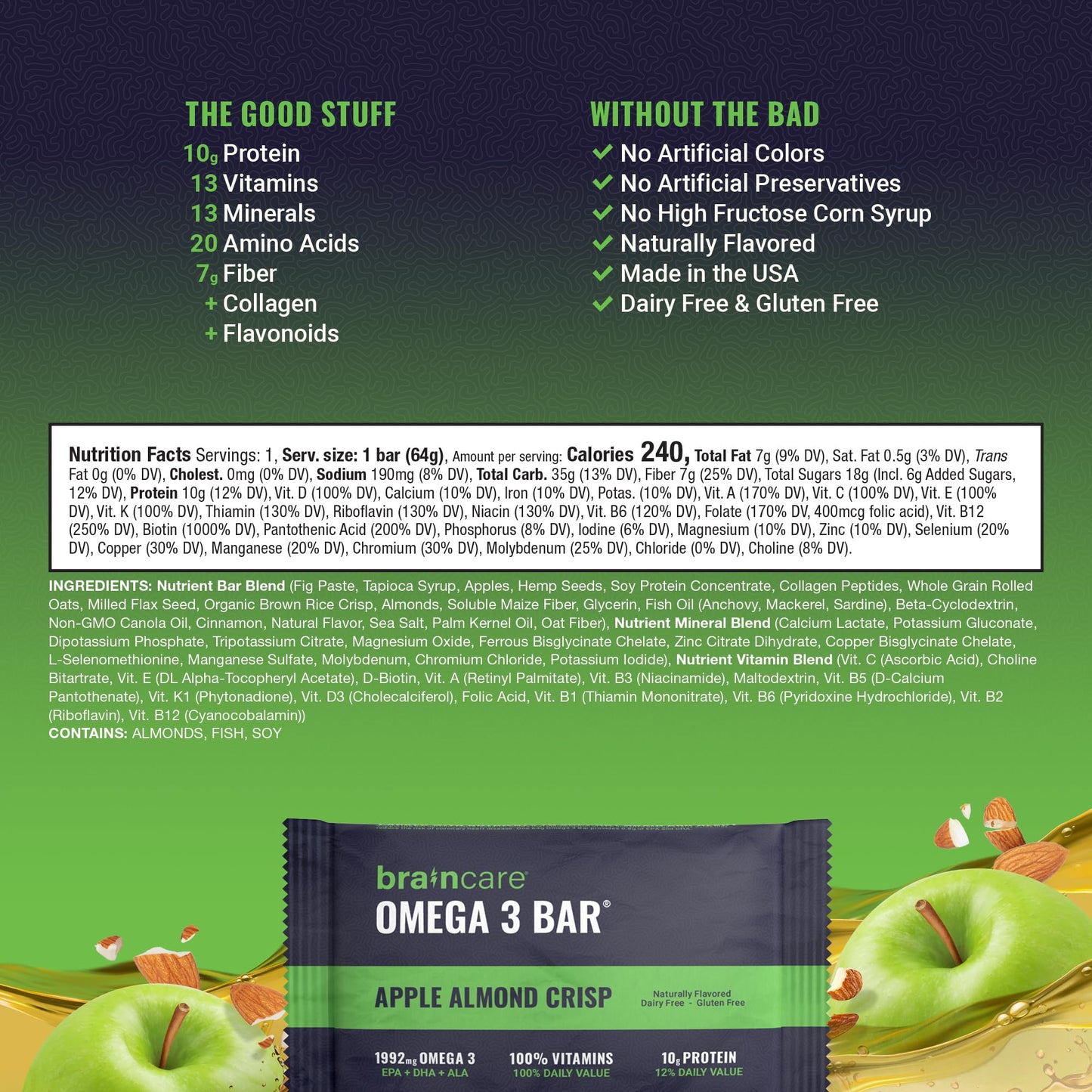 Braincare Omega 3 Fig Bars - Apple Almond Crisp, Gluten-Free Protein Snacks, 4 Count, 1,992mg Omega-3, High-Protein Meal Replacement