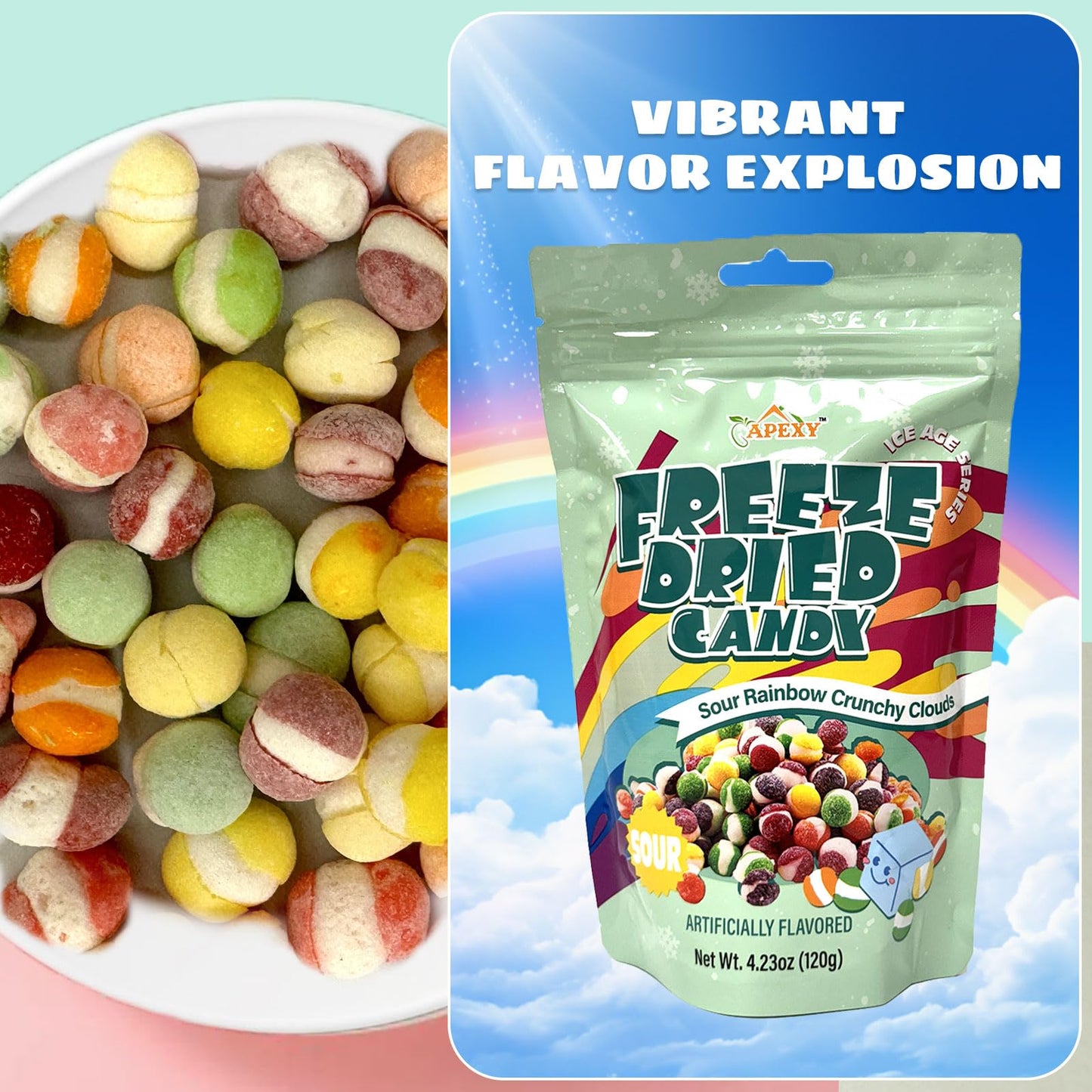 APEXY Freeze Dried Rainbow Candy Assorted Flavor - Crunchy   & Snacks - 4.23oz (120g) - Resealable Pouch