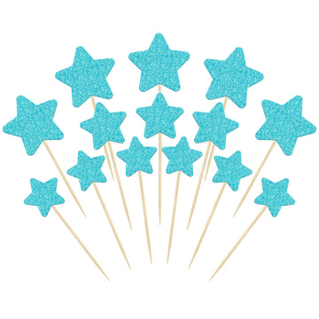 Gyufise 42Pcs Star Cupcake Toppers Blue Glitter Mixed Size Twinkle Little Star Cupcake Picks Decorations for Wedding Engagement 