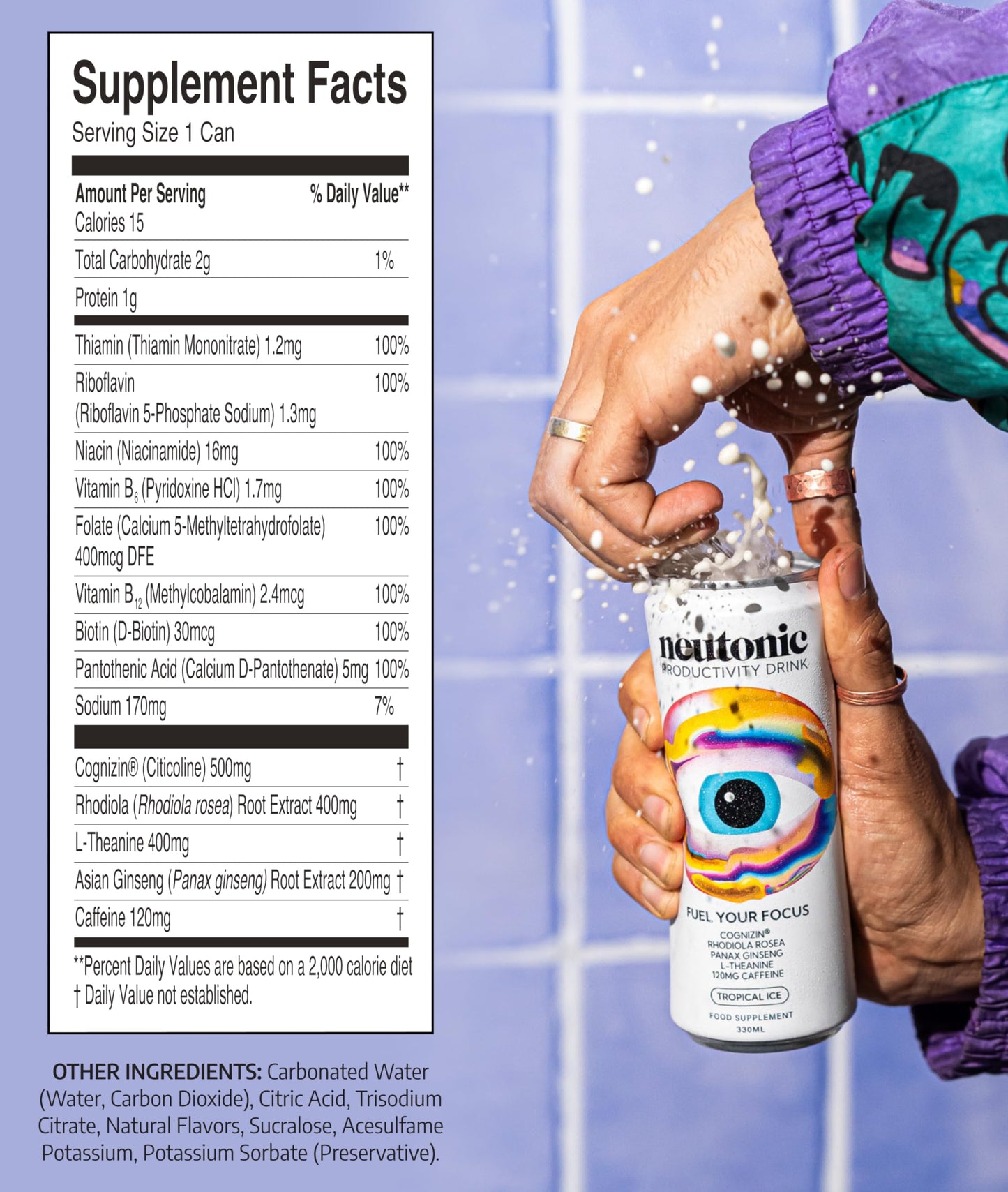 Neutonic Nootropic Energy Drink | Tropical Ice | 12 Cans | 120mg Caffeine, Zero Sugar | Boosts Focus & Memory