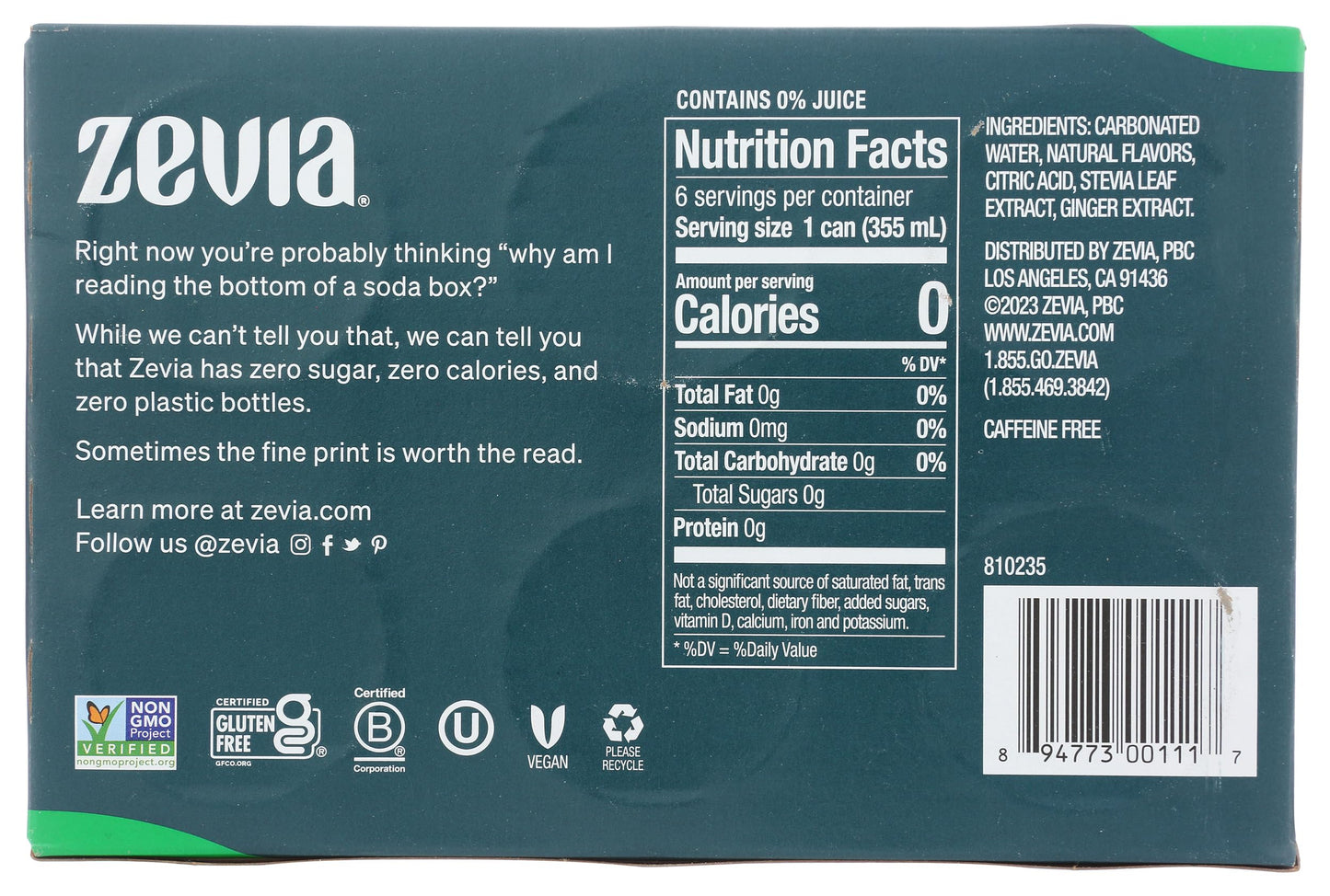 Zevia All Natural Diet Soda - Ginger Ale - 12 Fl Oz - Pack of 6