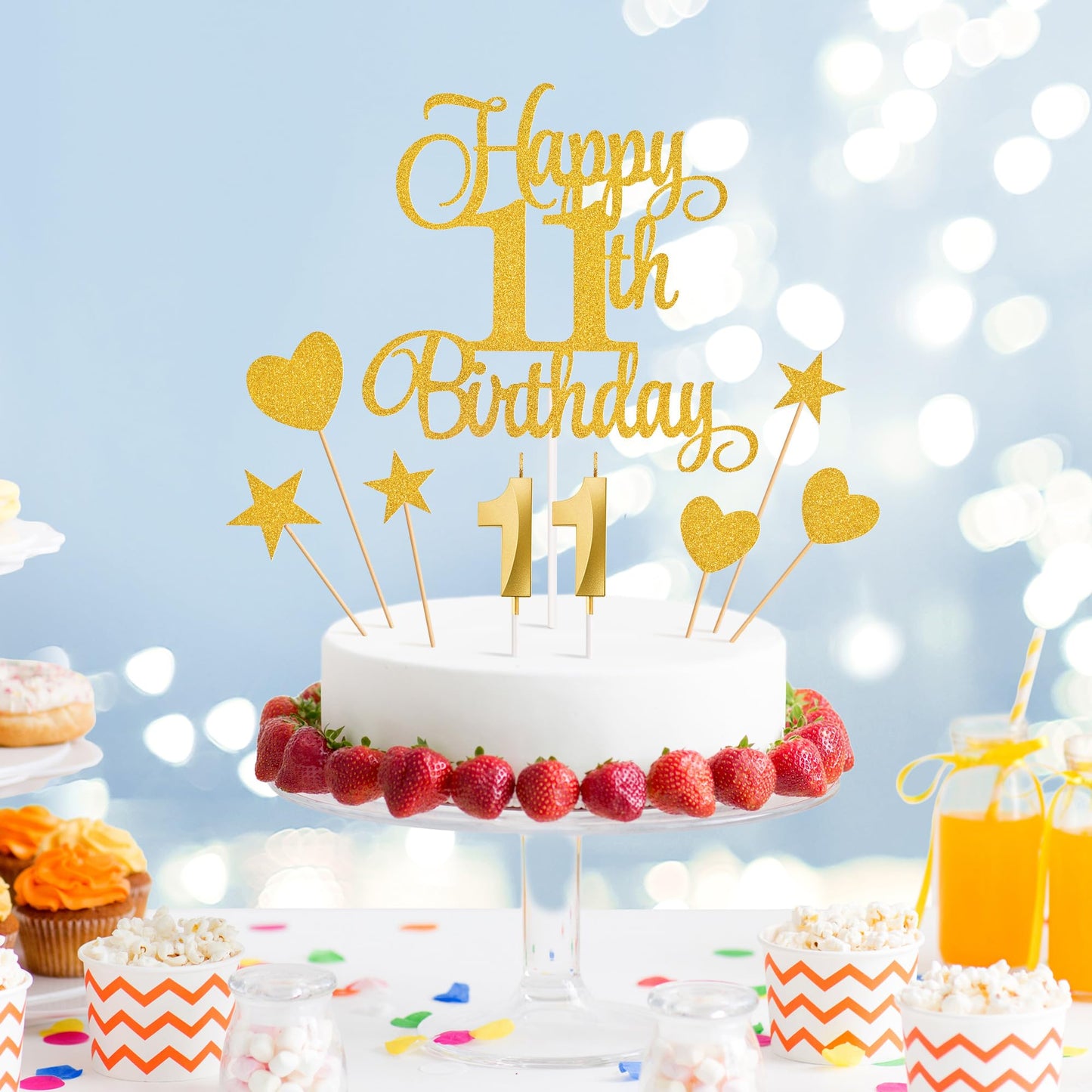 Lecferrarc 11th Birthday Cake Decorations Set, Gold Glitter Candles & Toppers for Birthday Party Supplies