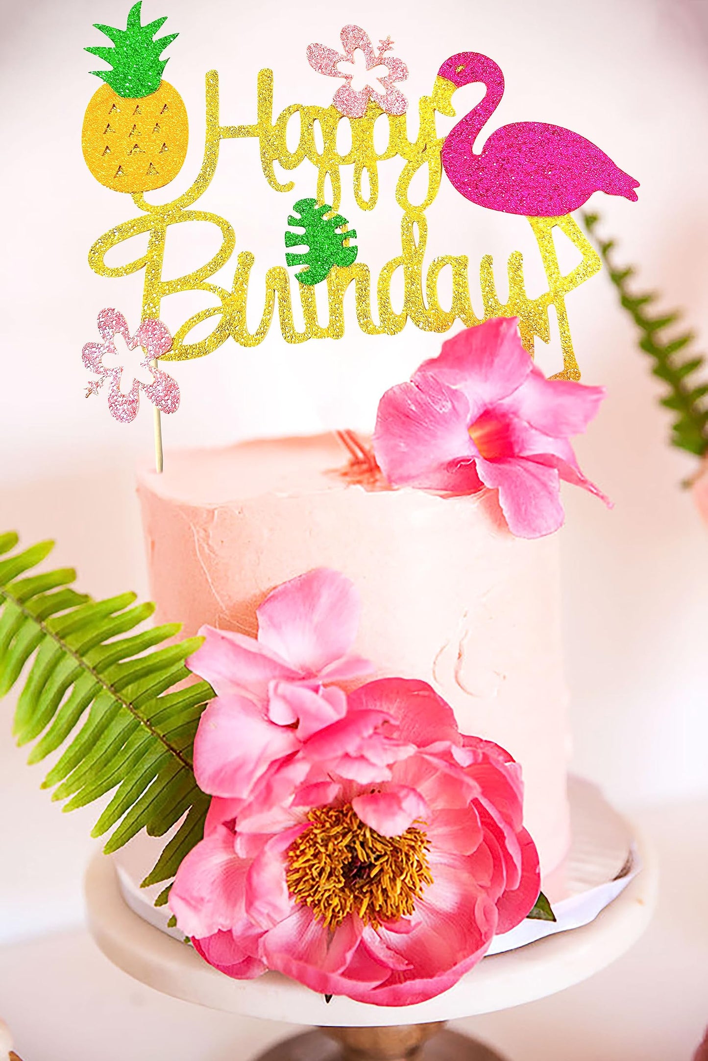 Laventy Glitter Flamingo Cake Toppers Flamingo Happy Birthday Cake Decoration Tropical Hawaiian Luau Themed Party Supplies