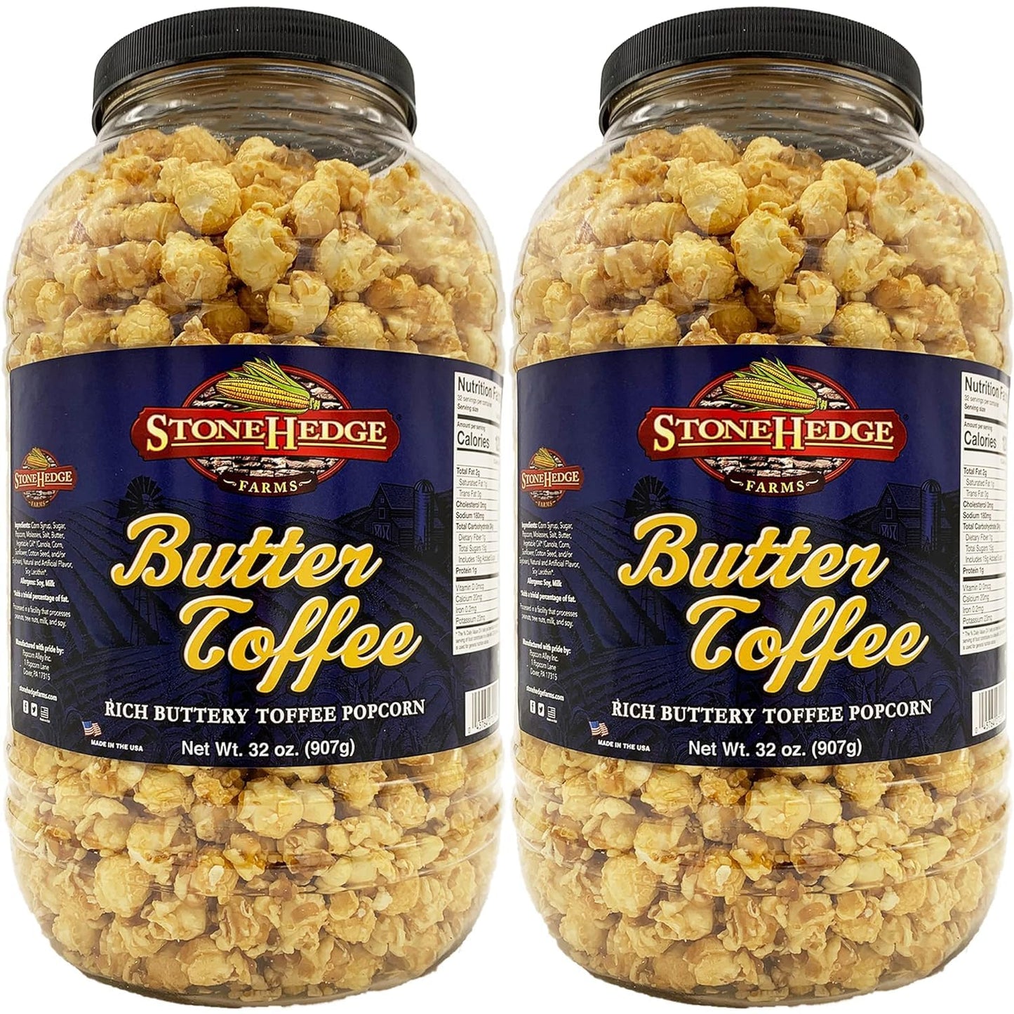 Stonehedge Farms Butter Toffee Flavored Popcorn Barrel - 2 Pack - 32 Ounces Each - Made In The Usa - Gluten Free